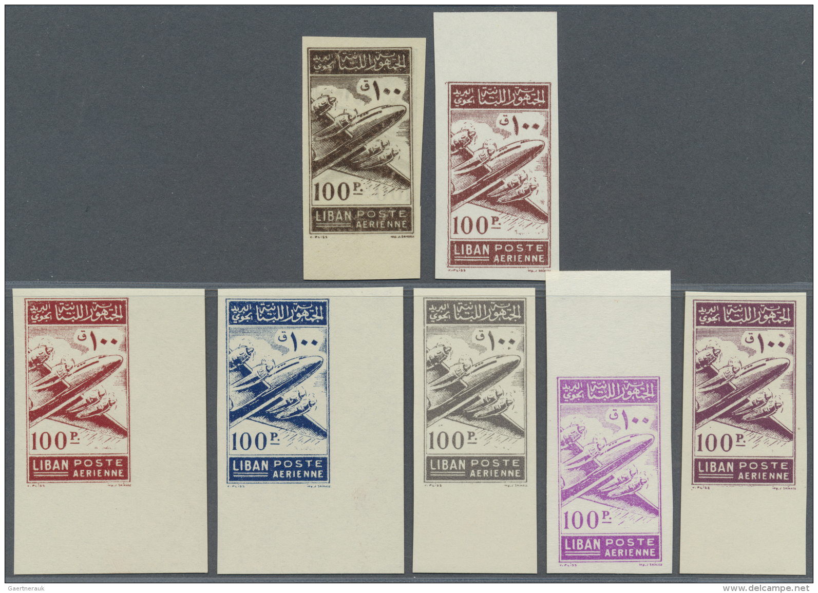 Libanon: 1953, Air Mail Issue Complete Set Of 8 Values On Cover To England And Six Imperf Color Trial Proofs Of 100p. In - Lebanon