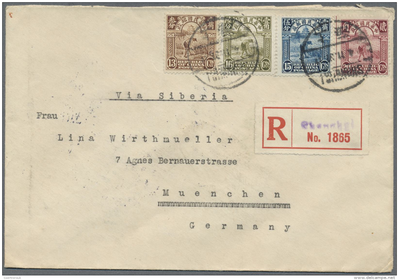 China: 1923, Reaper 13 C., 15 C., 16 C., 20 C. Tied "SHANGHAI 4.11.32" To Registered Cover Via Siberia To Munich/Germany - Briefe U. Dokumente