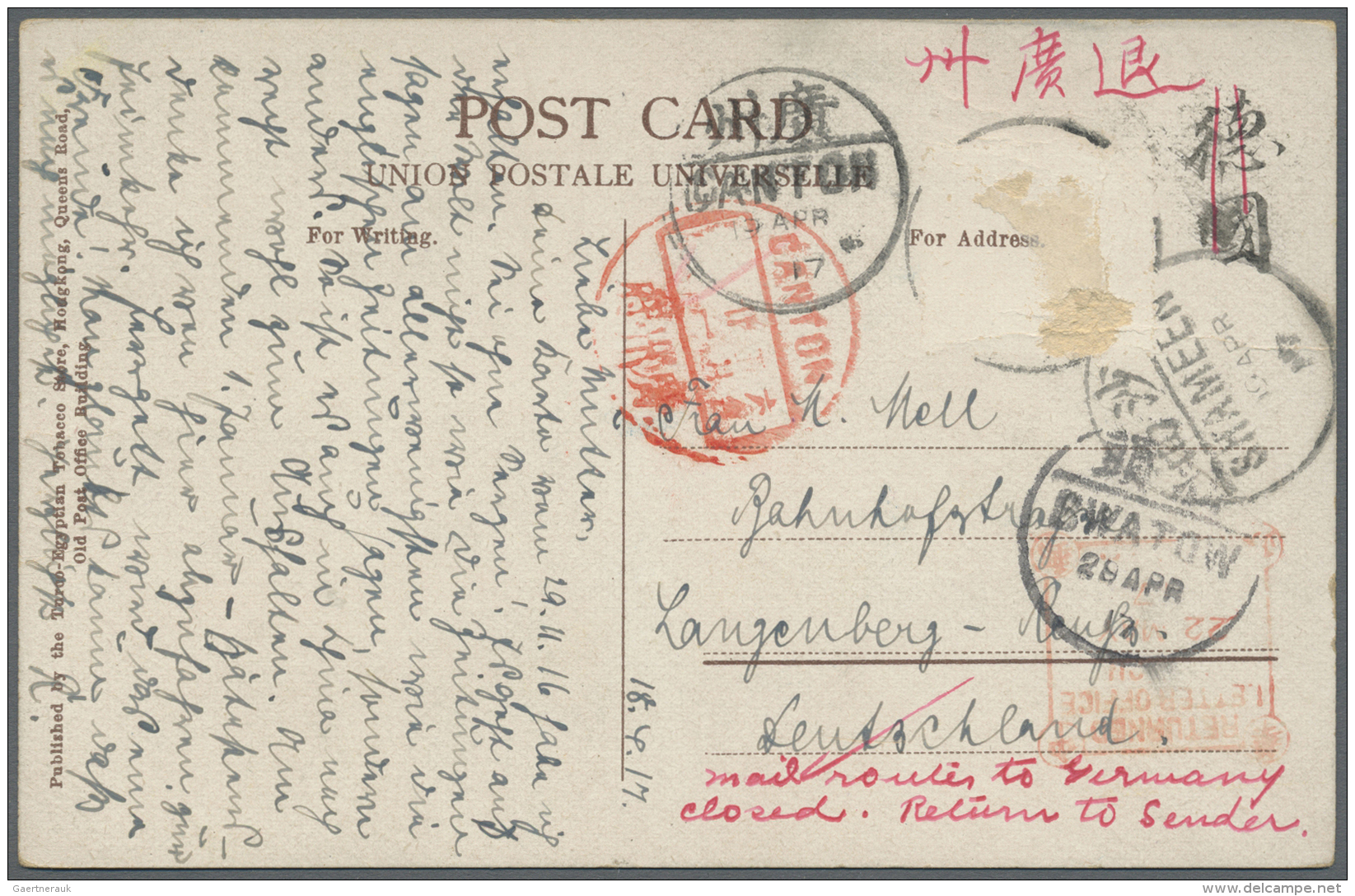 China: 1917, Ppc "Canton New Bund" Used "SHAMEEN 4 APR 17" To Germany, Via Canton And Swatow, But Then Returned W. Red M - Covers & Documents