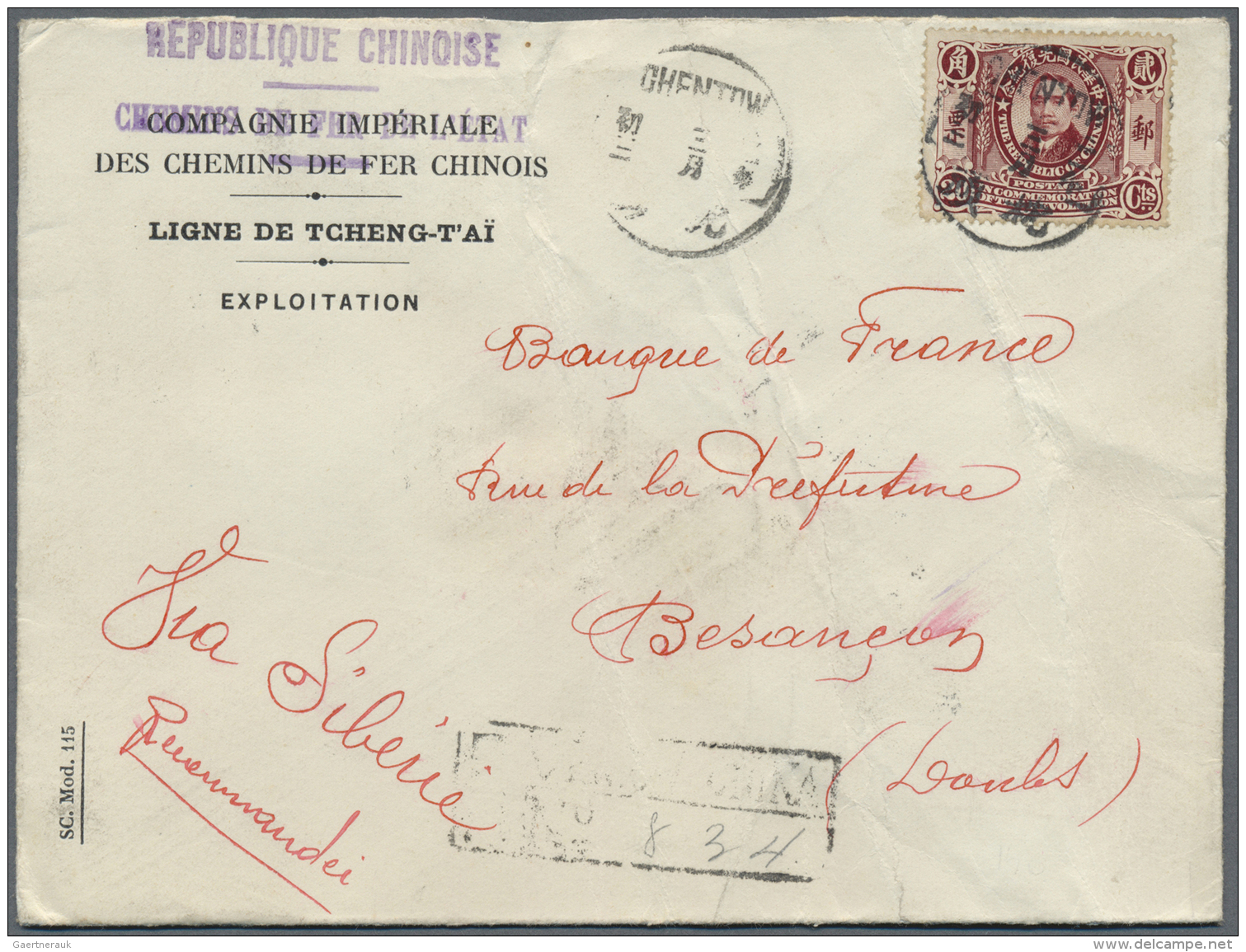 China: 1913, Dr. Sun 20 C. Tied Boxed Bilingual "CHENTOW 2.3.2" (March 2, 1913) To Registered Cover To France, Printed R - Brieven En Documenten