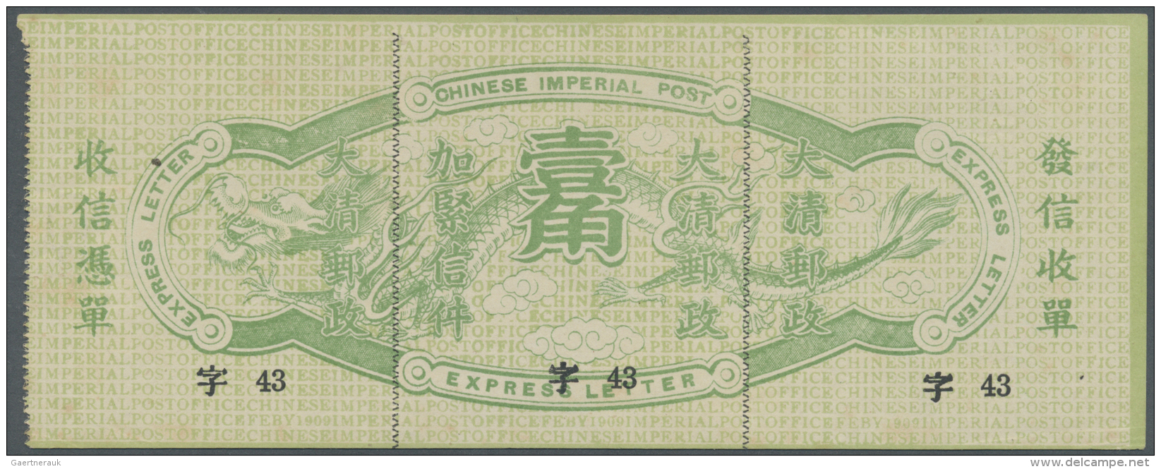 China: 1909, Express Stamp 10 C. Pale Green/yellow, 4th Type, Sections 2-4, Unused Mint, Scarce (Chang No. E4). - 1912-1949 Republiek