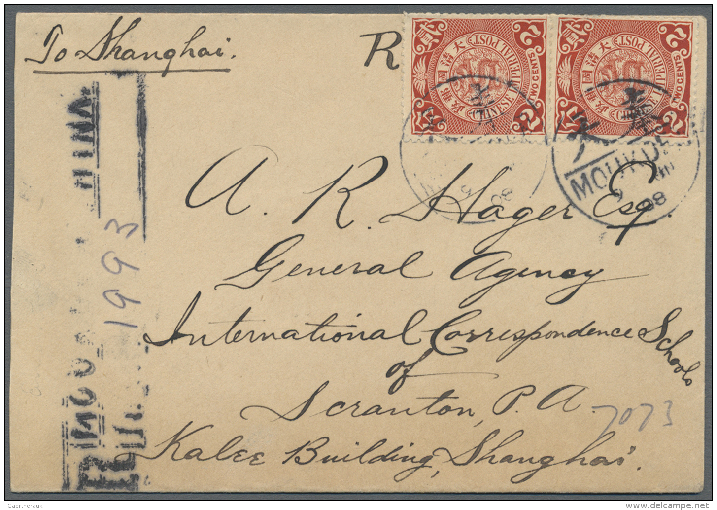 China: 1908, Coiling Dragon 2 C. Red (3), 1 C. Tied Bilingual "MOUKDEN 9 JUN 08" To Small Size Registered Cover To Shang - 1912-1949 République