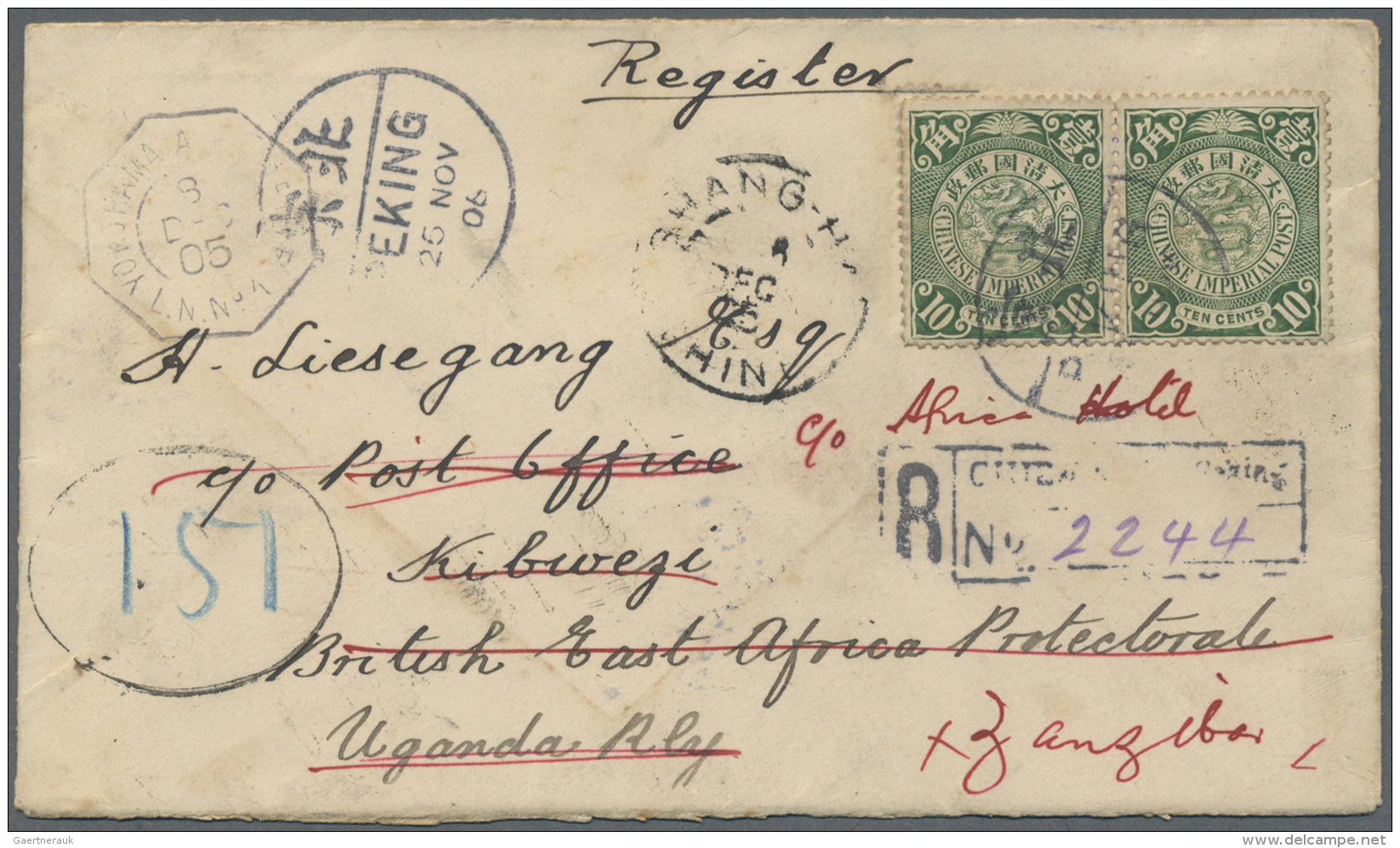 China: 1902, Coiling Dragon 10 C. Green Pair Tied "PEKING 25 NOV 06" To Registered Cover Via TANGKU, Shanghai, Also Fren - 1912-1949 Republiek