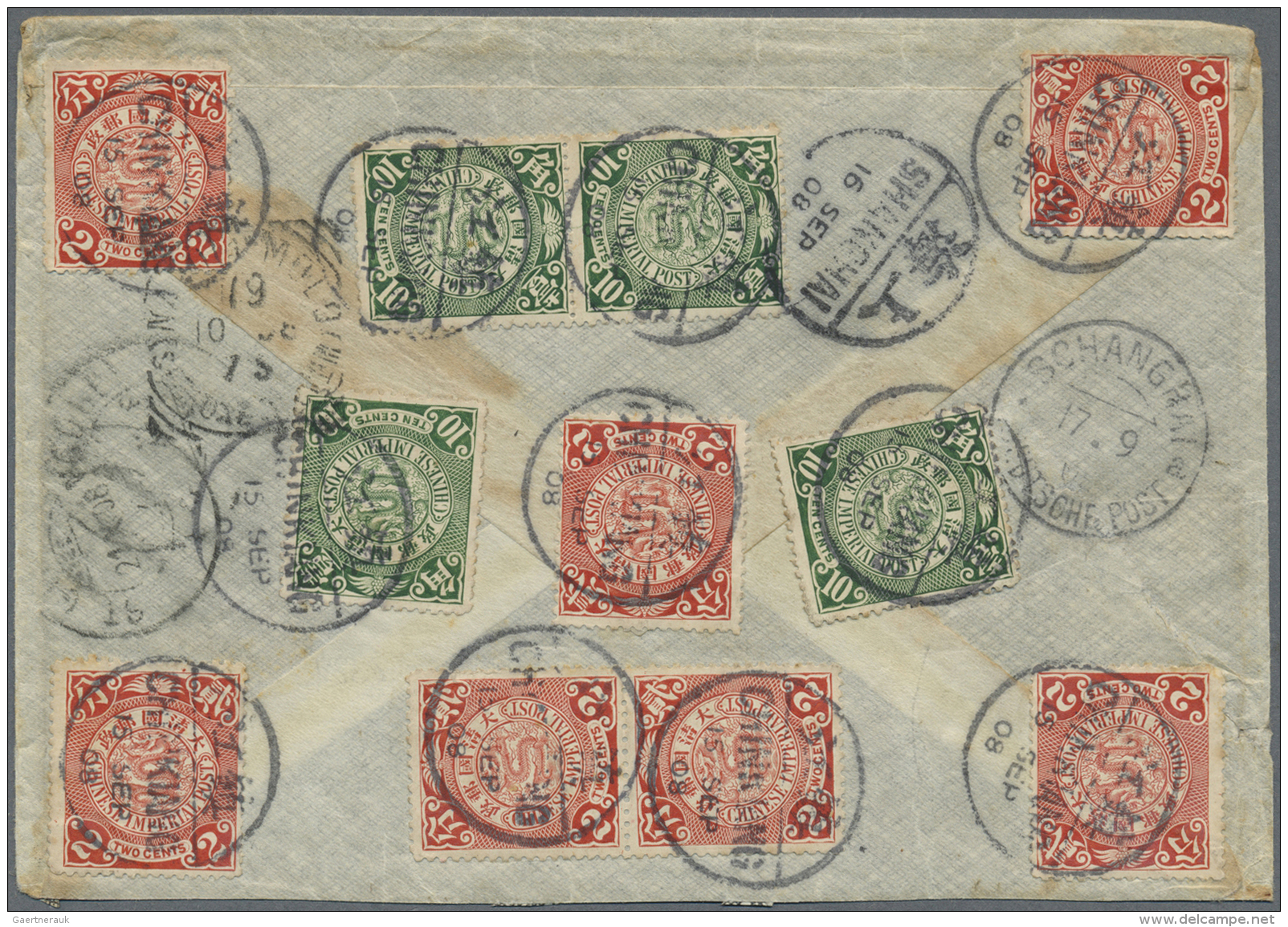 China: 1902, Coilin Dragon 2 C. Red (7), 10 C. Green (4) Tied "CHINKIANG 15 SEP 08" To Reverse Of Registered Cover Via S - 1912-1949 Republiek