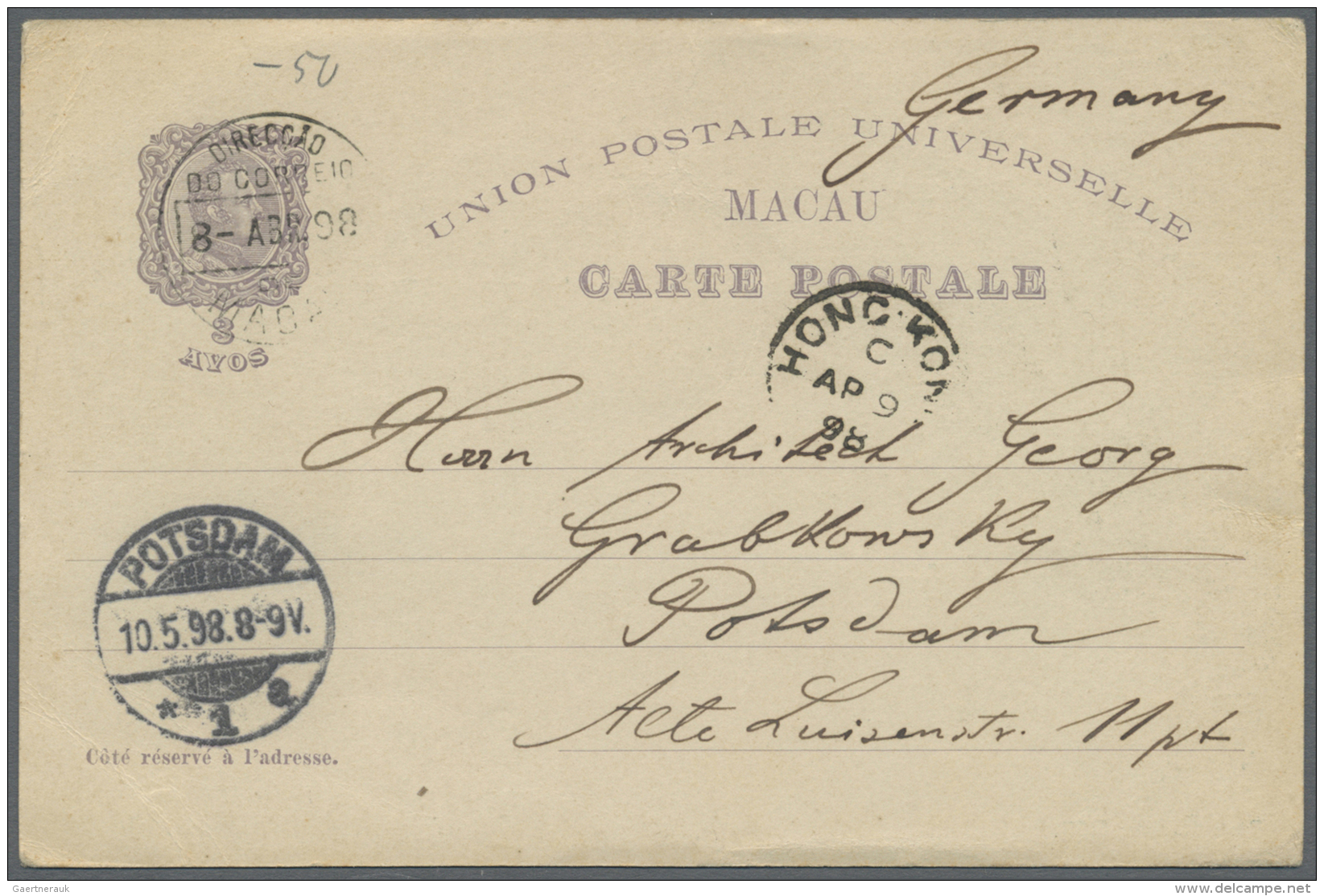 Macau - Ganzsachen: 1898, Card 3 A. "400th Year Anniversary" Canc. "MACAU 8-ABR.98" Via HK To Germany W. Arrival "POTSDA - Postwaardestukken