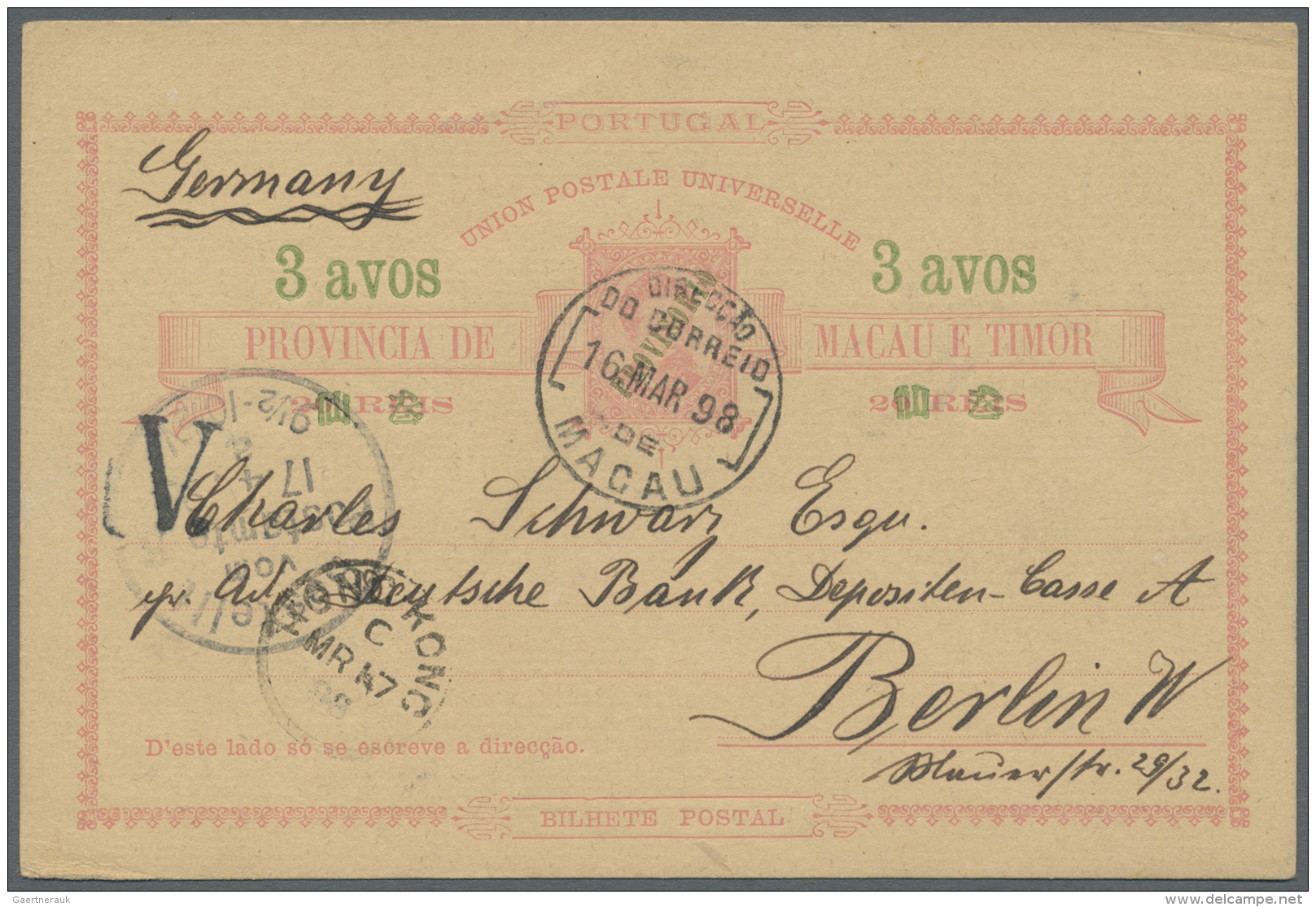 Macau - Ganzsachen: 1897, Card 3 Avos/20 R. Provisorio Canc. "MACAU 16 MAR 98" Via "HONG KONG C" To Berlin/Germany W. Ap - Postwaardestukken