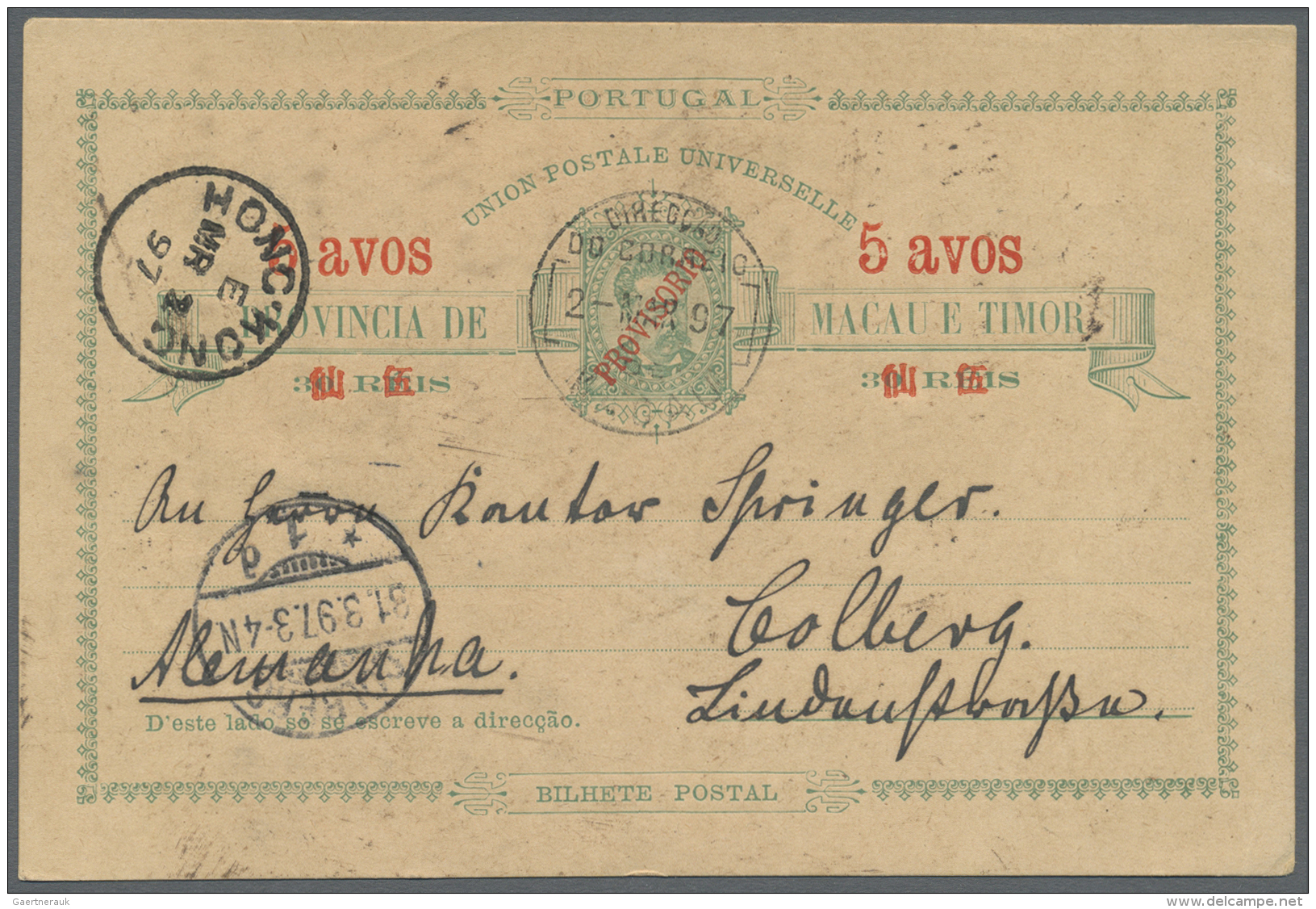 Macau - Ganzsachen: 1897, Card 5 Avos/30 R. Provisorio Canc. "MACAU 2-MAR.97" Via "HONG KONG E" To Germany W. Arrival "C - Postwaardestukken