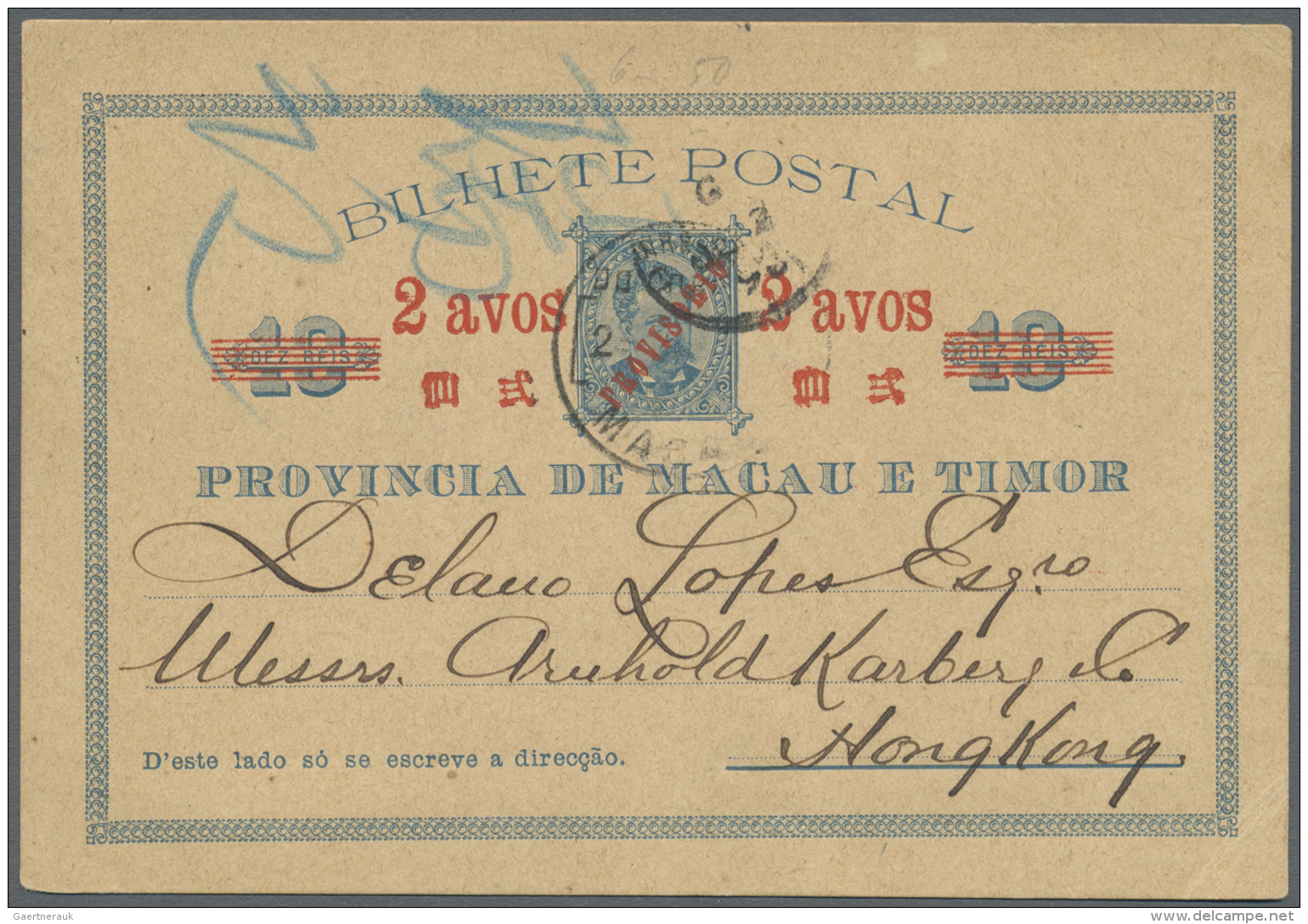 Macau - Ganzsachen: 1896, Card 2 Avos/10 R. Provisorio Canc. "MACA(U) 2 (JU 96)" To Hong Kong W. Same Day Arrival (ties) - Entiers Postaux