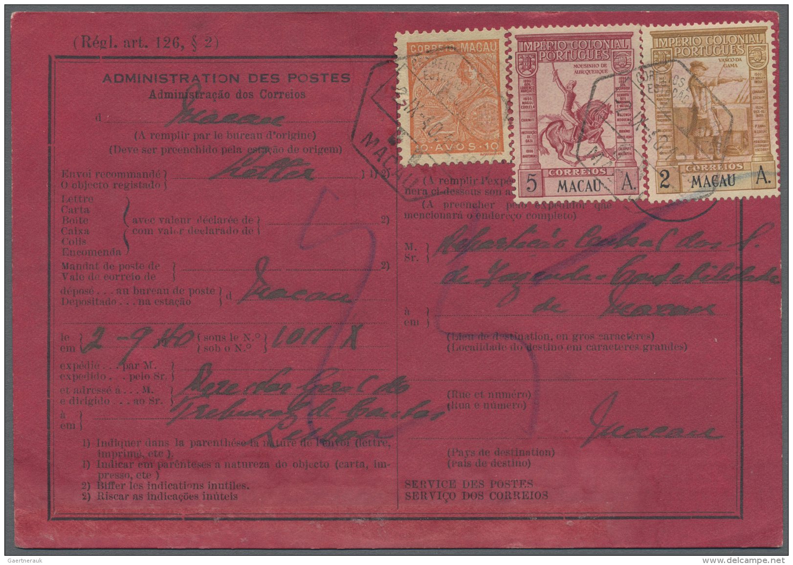 Macau: 1940, 2 A., 5 A. And 1934 10 A. Tied "MACAU 2.IX.40" To Deep Red Return Receipt (AR) Card For A Letter To Lisbon, - Brieven En Documenten