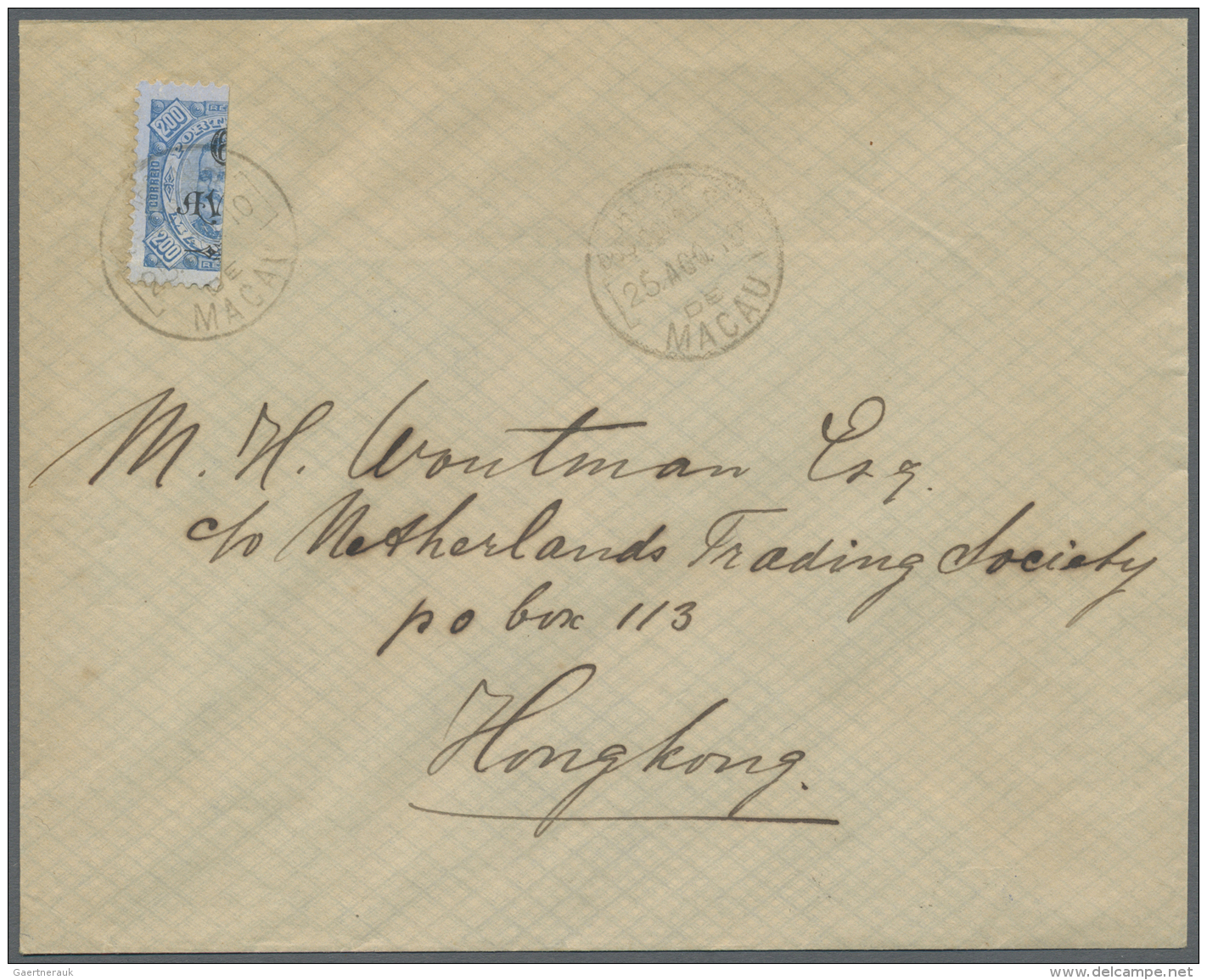 Macau: 1910, 6A./200 R. Bisect Tied "MACAU 25 AGO 10" To Cover To Hong Kong W. Same Day Arrival On Reverse. - Brieven En Documenten
