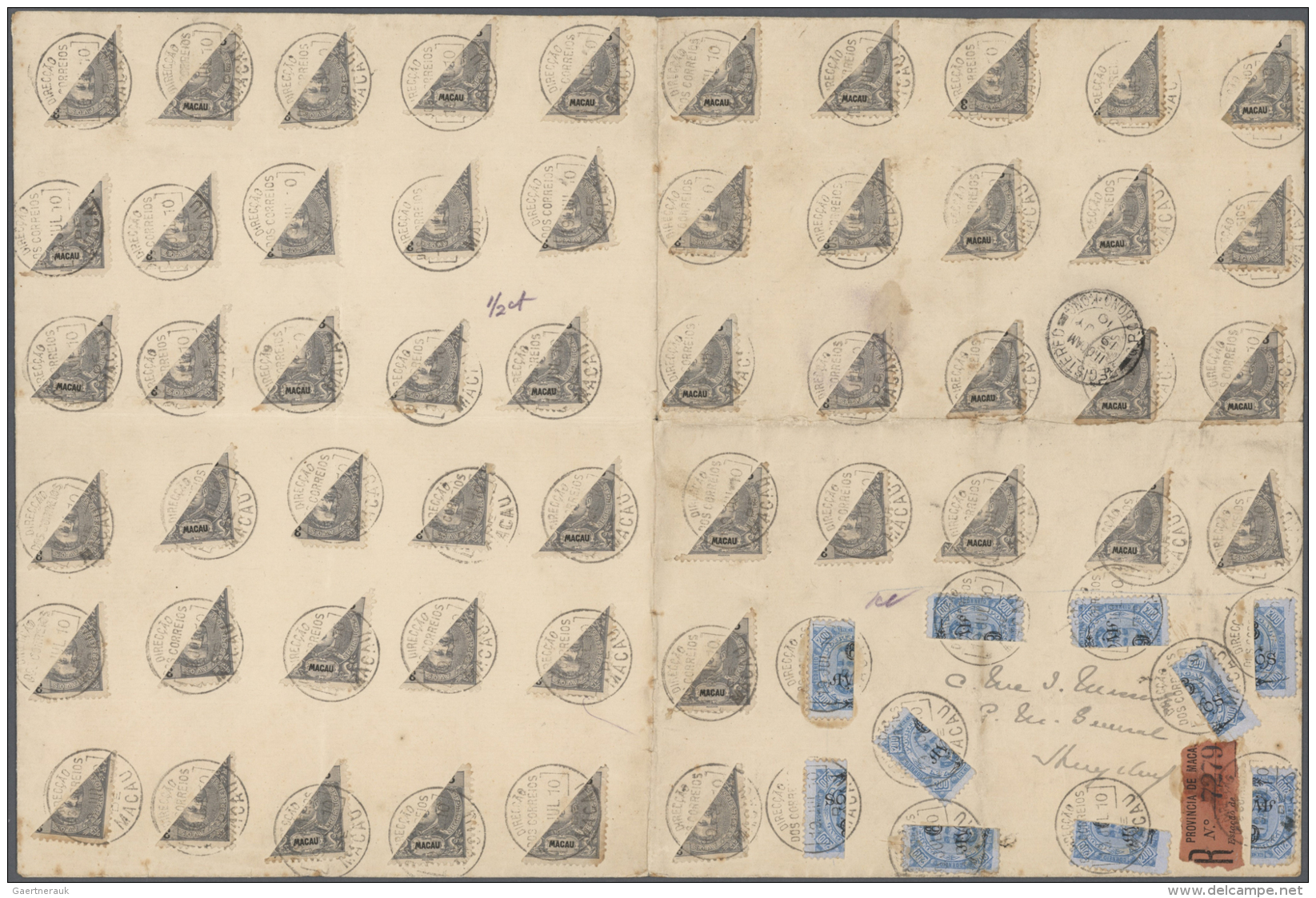 Macau: 1910, Bisects Of 60 Av./200 R. (25) Resp. 3 A. (100) Tied "MACAO 3 JUL 10" To Both Sides Of  Registered Cover To - Brieven En Documenten