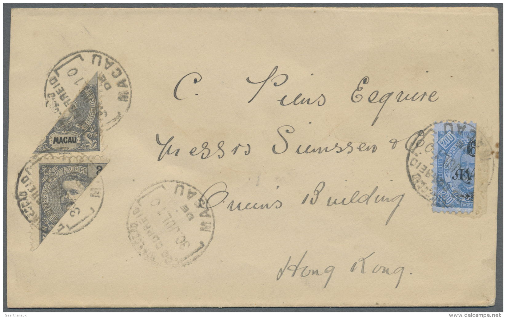 Macau: 1910, 6A./200 R. Bisect And 3 A. Bisect (pair) Tied "MACAU 30 JUL 10" To Hong Kong, On Reverse "CUS(TOMS) LAPPA" - Brieven En Documenten