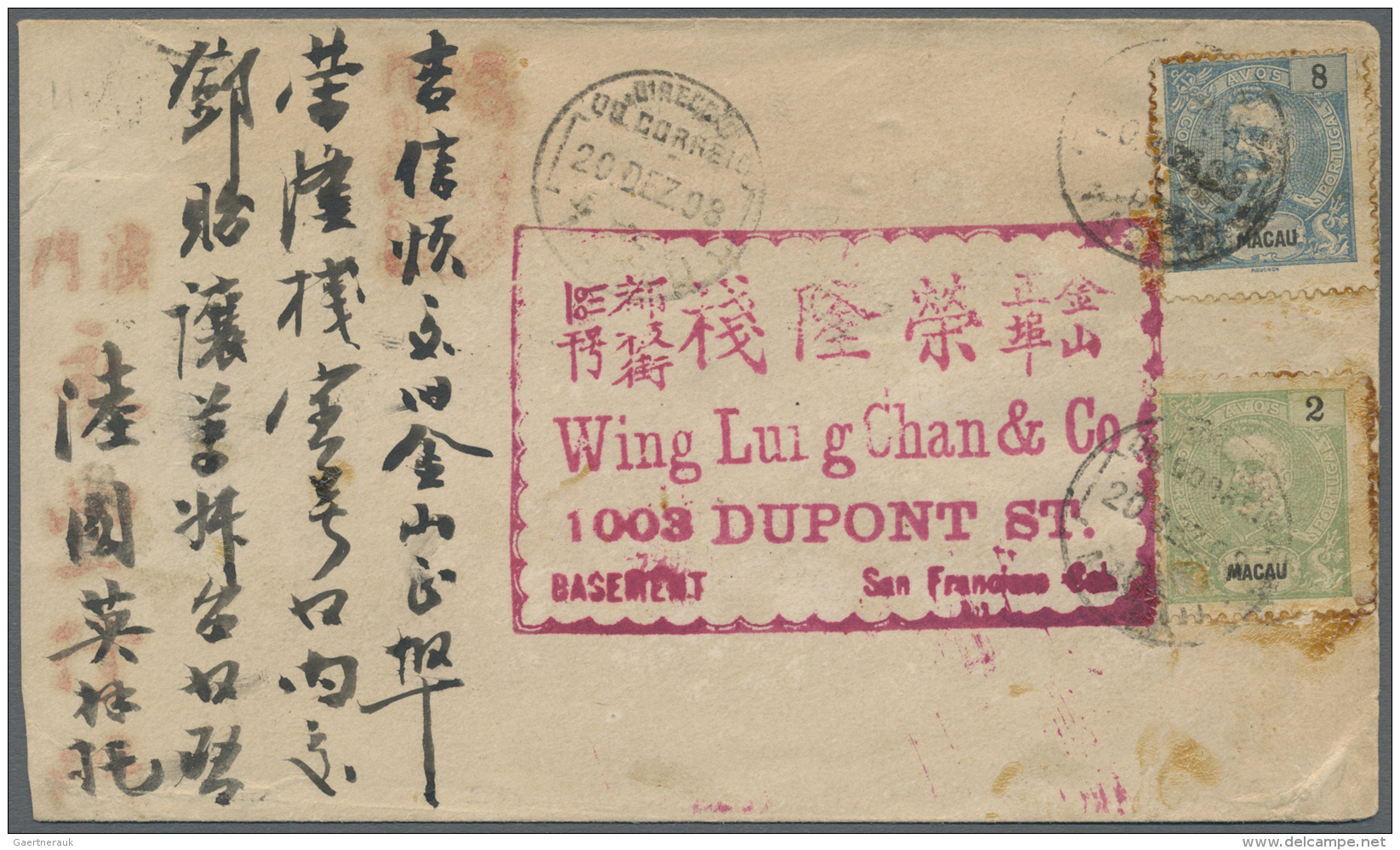 Macau: 1899 Luis 2 R. And 8 R. Tied "MACAU 20 DEZ.98" To Cover To USA, On Reverse Transit HK And Arrival SF Jan 14. - Brieven En Documenten