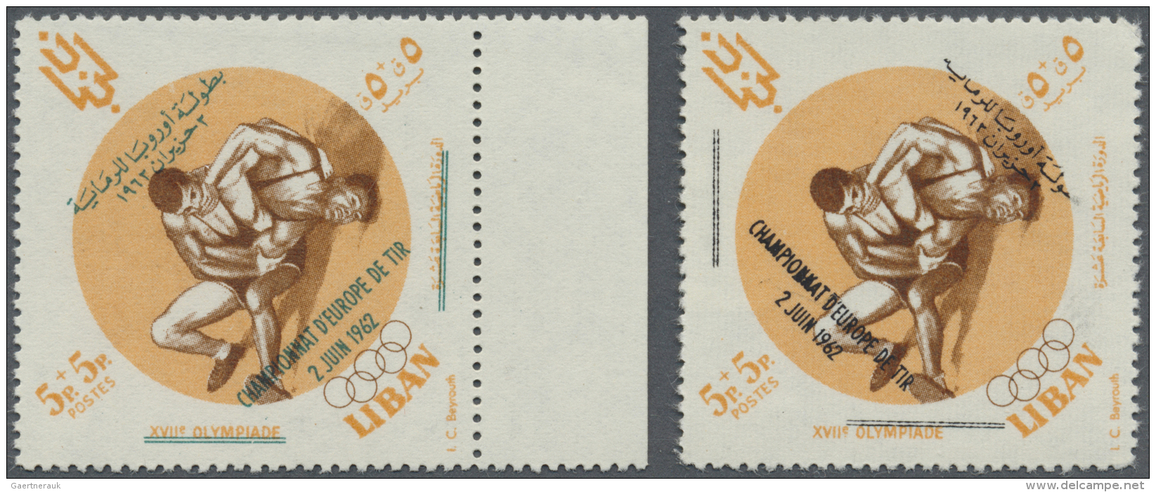 Libanon: 1962, 1960 XVII Olympic Games Wrestling Issue 5p.+5p. 1962 Overprinted Value Showing Variety Black Instead Of G - Libanon