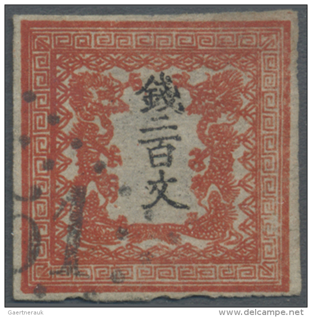 Japan: 1871, Dragons 200 Mon Vermilion Pl. I On Native Laid Paper, All Sides Full Margins, Used Corner Cancel Frenchtype - Gebruikt