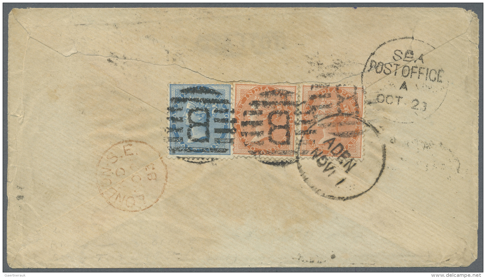 Indien - Used Abroad: ADEN 1883: Cover To England 'Via Brindisi' Franked On Its Reverse By India QV &frac12;a. And 2a.(x - Andere & Zonder Classificatie