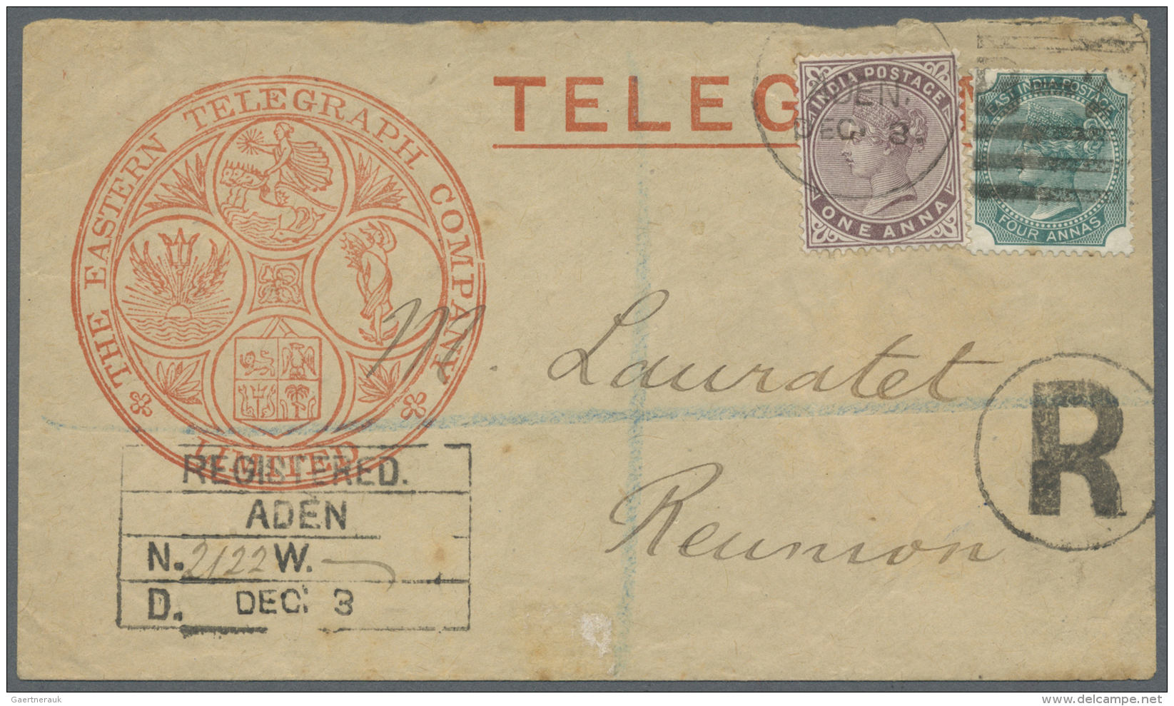 Indien - Used Abroad: ADEN 1883: Printed Telegram Envelope Used Registered From Aden To REUNION, Franked By India QV 186 - Andere & Zonder Classificatie