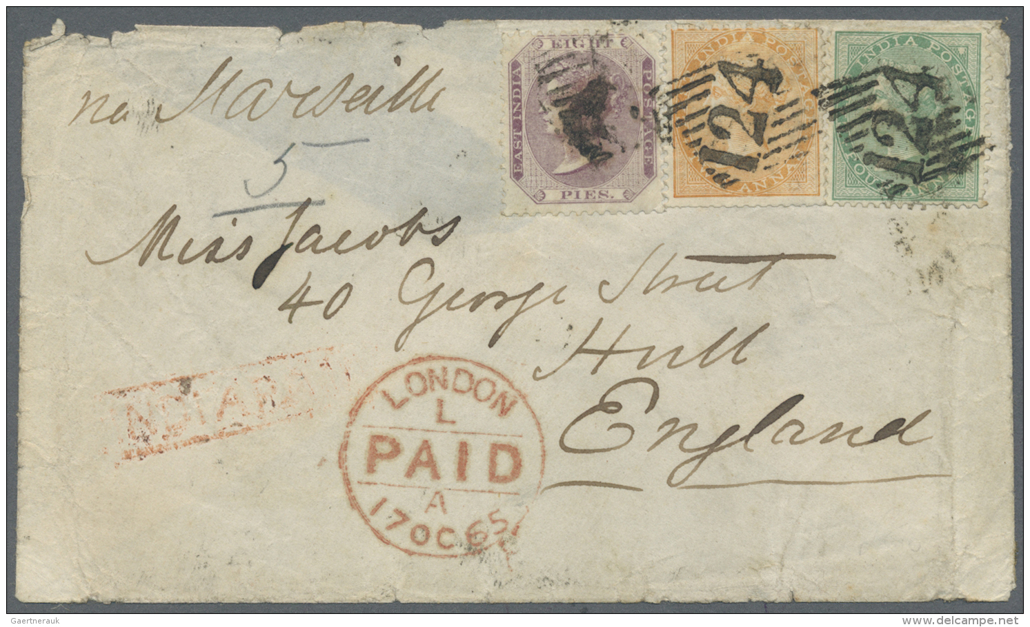 Indien - Used Abroad: ADEN 1865: Cover To England 'via Marseille' Franked By India QV 4a., 2a. And 8p. All Tied By "124" - Andere & Zonder Classificatie