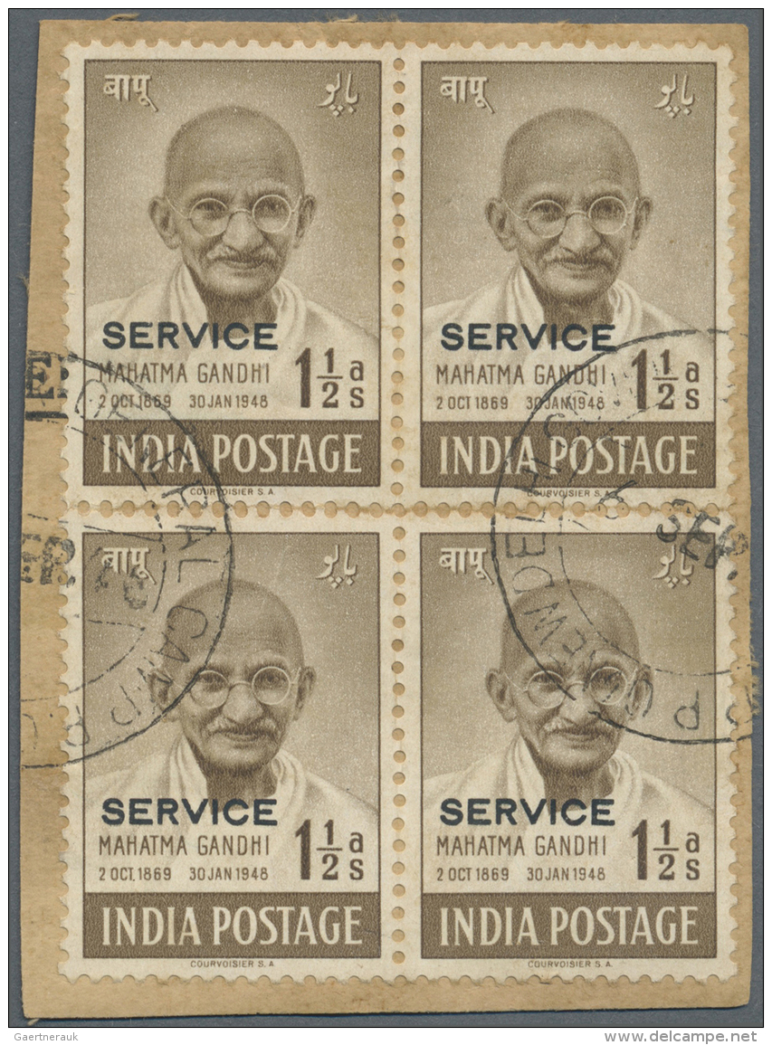 Indien - Dienstmarken: 1948 GANDHI-Officials: Two Horizontal Pairs Of 1&frac12;a. Brown, Optd. SERVICE, Tied With Fine S - Dienstzegels