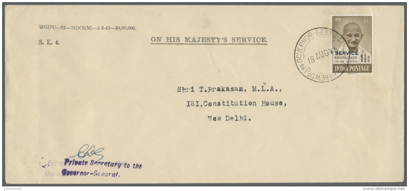 Indien - Dienstmarken: 1948 GANDHI 1&frac12;a. Brown Ovpt SERVICE Used On Official Cover From The Private Secretary To T - Francobolli Di Servizio