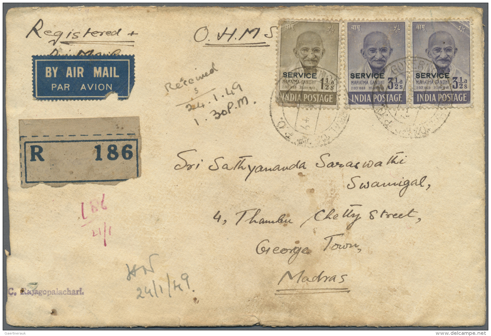 Indien - Dienstmarken: 1948: The &bdquo;Governor's Gandhi Service 8&frac12; Annas Cover&rdquo;: Registered Air Mail Cove - Dienstzegels