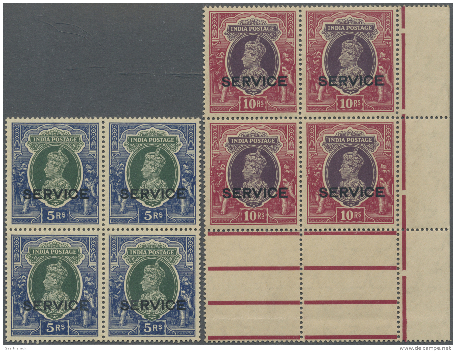 Indien - Dienstmarken: 1937-39 Blocks Of Four Of KGVI. 5r. And 10r. Optd. "SERVICE", 10r. Right Hand Marginal Corner Blo - Dienstzegels