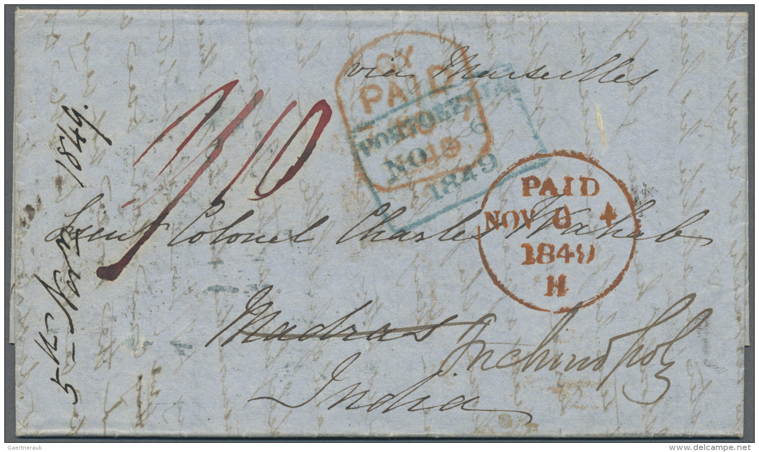 Indien - Vorphilatelie: 1849 Redirected Mail - Collecting Charges 'en Route': Entire Letter From England To Madras Via M - ...-1852 Voorfilatelie