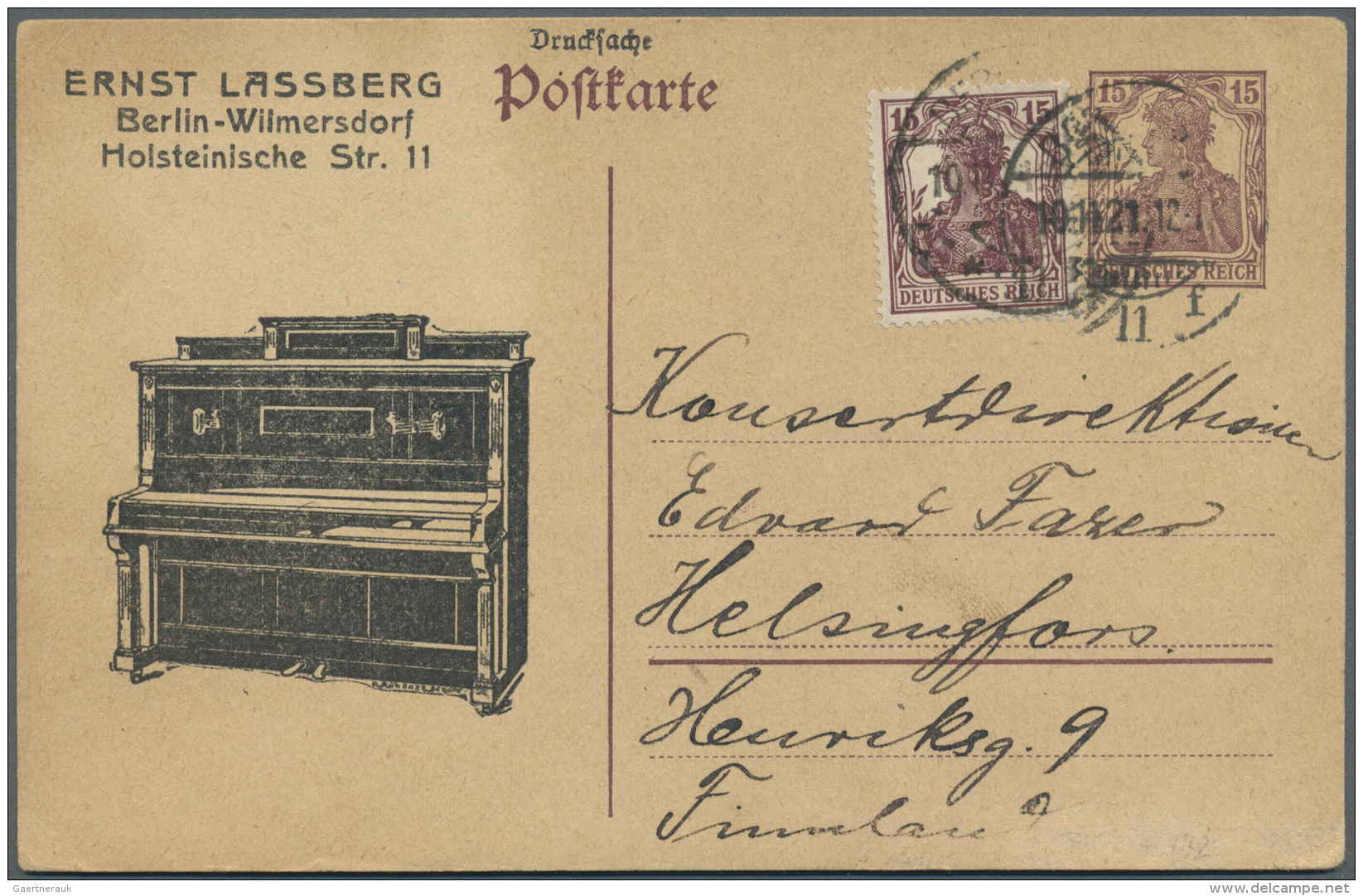 Thematik: Musik-Musikinstrumente / Music Instruments: 1921, Dt. Reich. Gesch&auml;fts-Postkarte 15 Pf Germania "Ernst La - Muziek