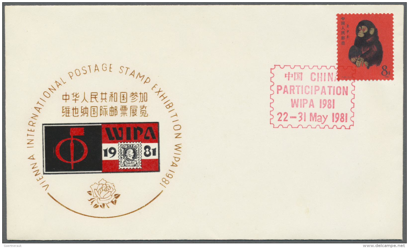 China - Volksrepublik: 1980, 8 F "Year Of The Monkey" With Red Stamp "WIPA 1981" On Illustrated Cover - Brieven En Documenten