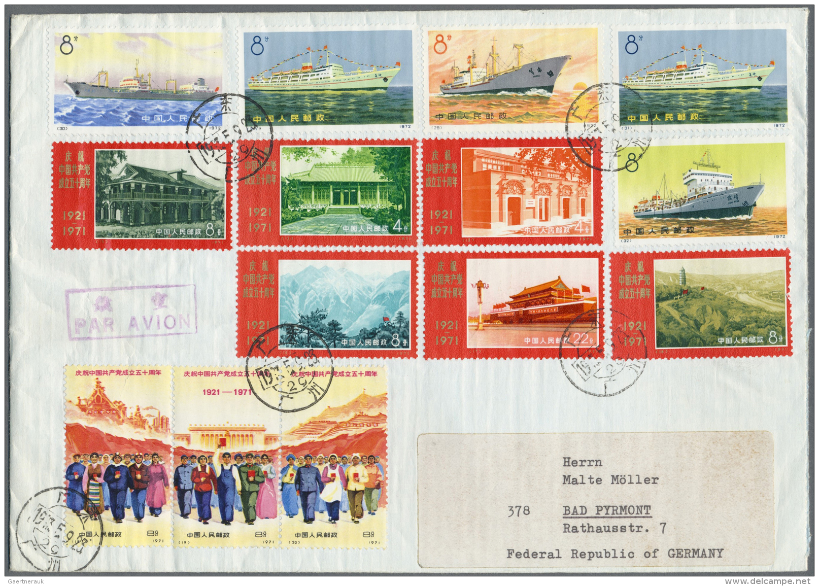China - Volksrepublik: 1971/2, KPC 50 Years Set With Merchant Ships Set Tied "Canton 1973.5.9" To Air Mail Cover To Burb - Brieven En Documenten