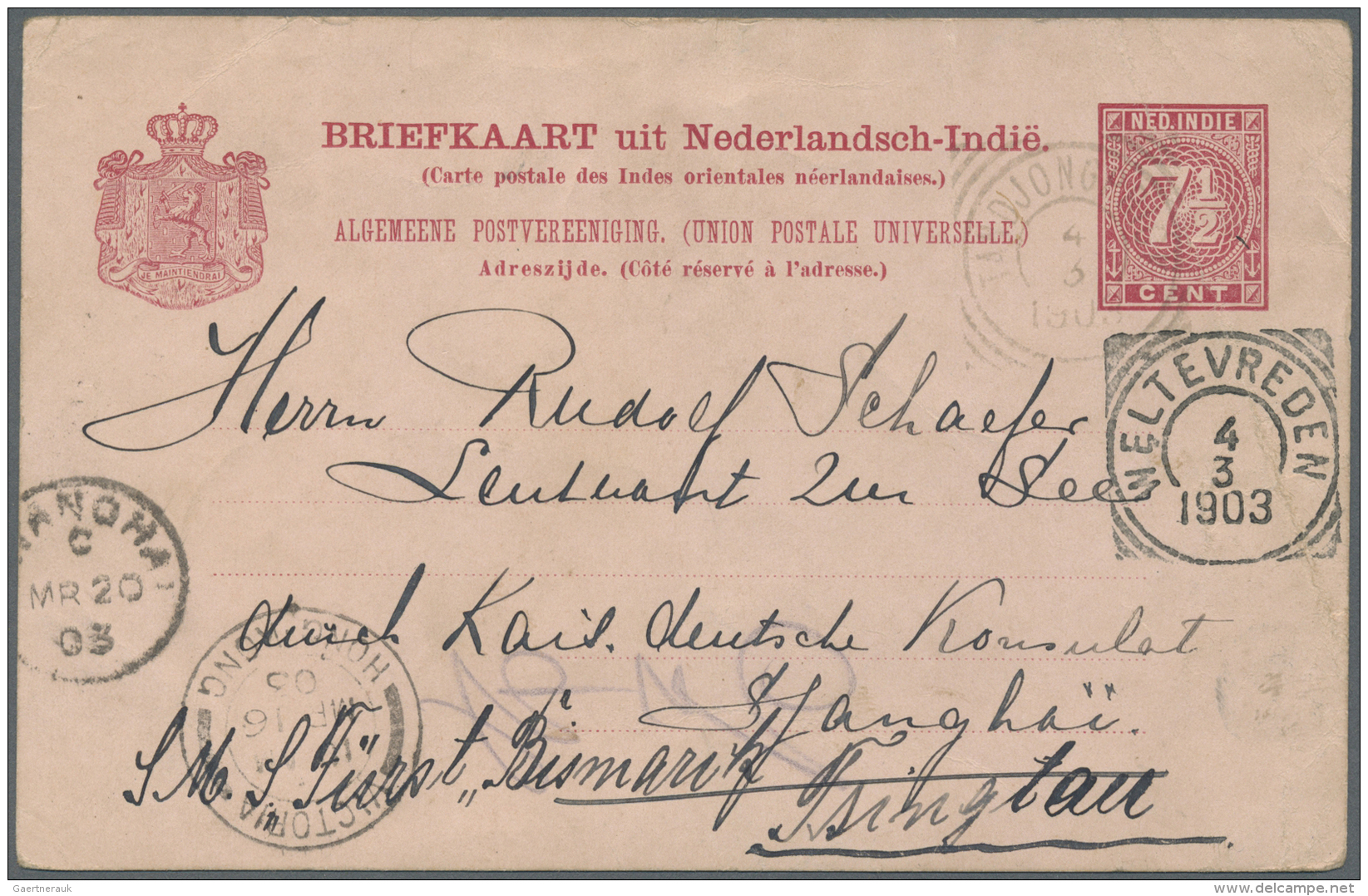 China - Besonderheiten: Incoming Mail, 1903, Dutch East Indies, Stationery Card 7 C. Canc. "TANJONGPRIOK 4 3 1903" Via W - Andere & Zonder Classificatie