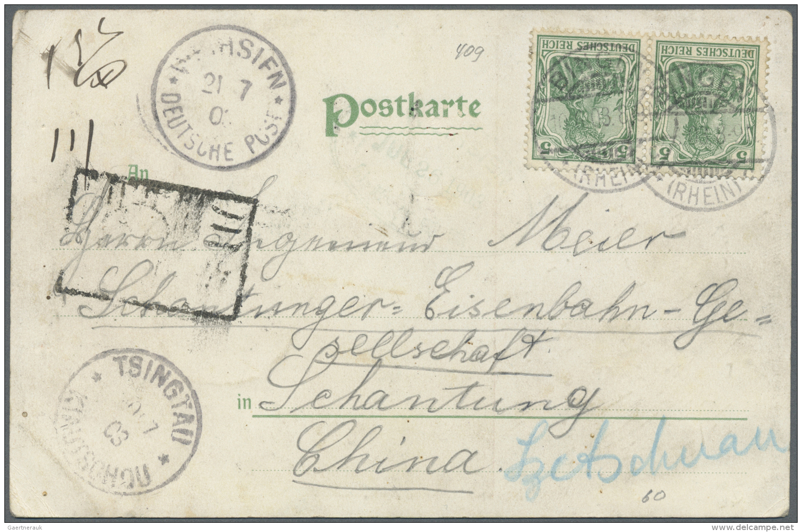 China - Besonderheiten: Incoming Mail, 1903, Germany 5 Pf. Pair Tied "BINGEN" To Ppc To Engineer At Shantung Rwy Co. W. - Andere & Zonder Classificatie