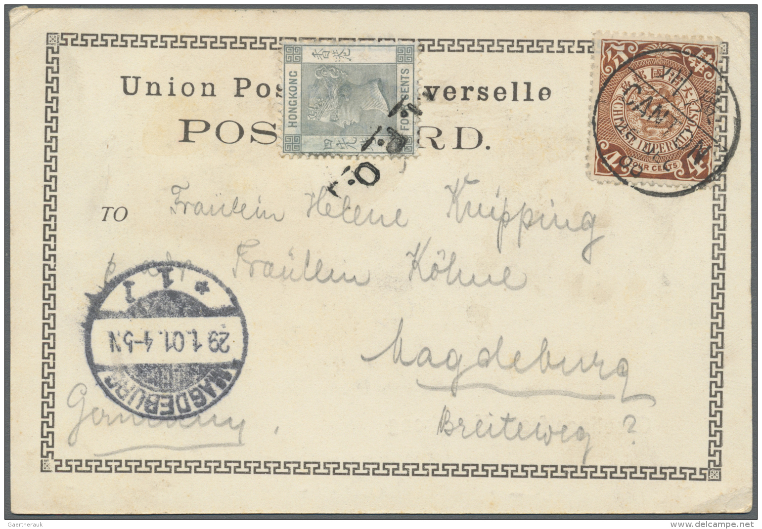 China: 1900, Coiling Dragon 4 C. Tied Bisected Bilingual "CANTON 28 DEC 00" To Ppc "Greetings From Hong Kong" In Combina - 1912-1949 Republiek