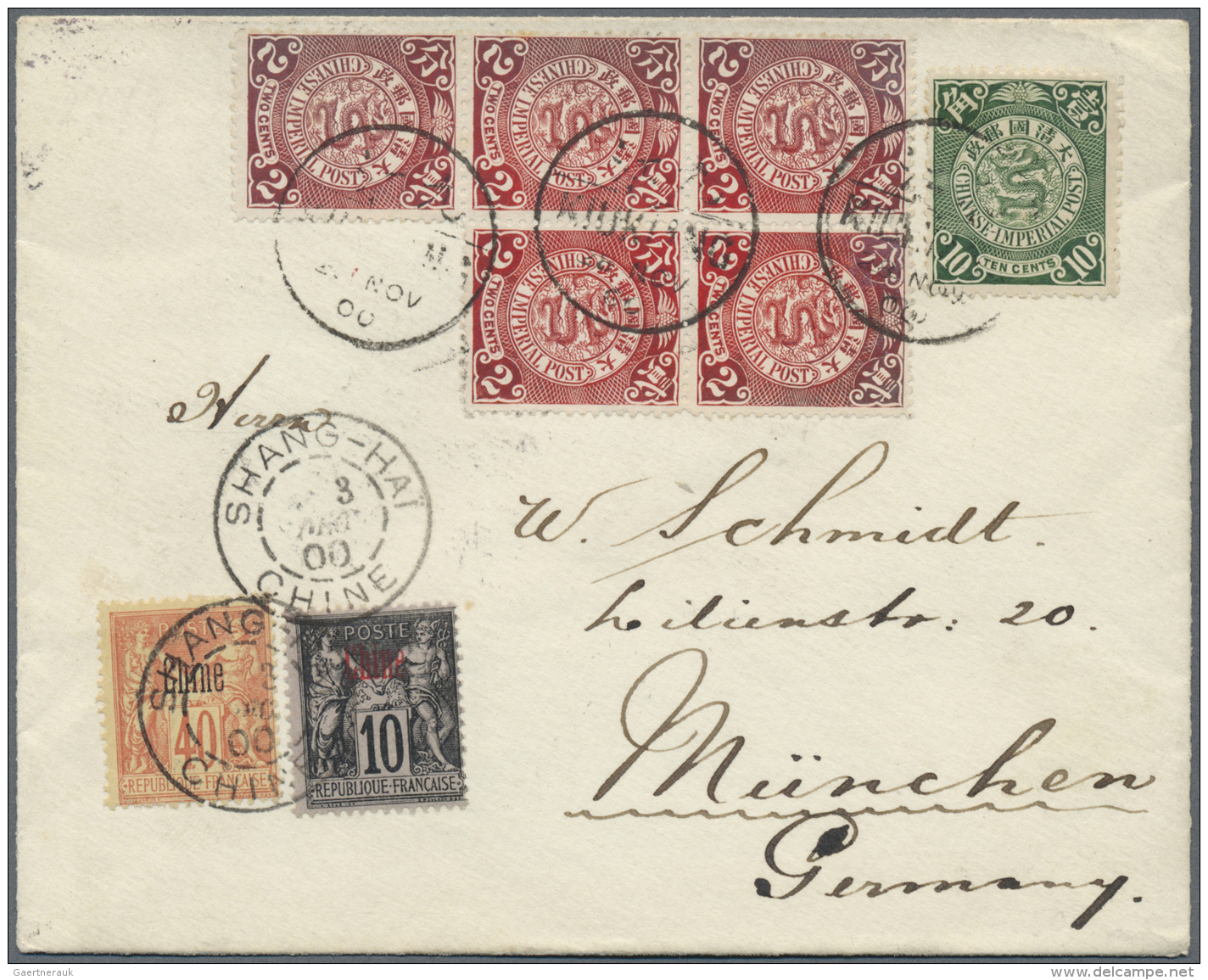 China: 1898, Coiling Dragon 10 C., 2 C. Red (block-5) Tied Bisected Bilingual "KIUKIANG 28 NOV 00" To Small Cover In Com - 1912-1949 Republiek