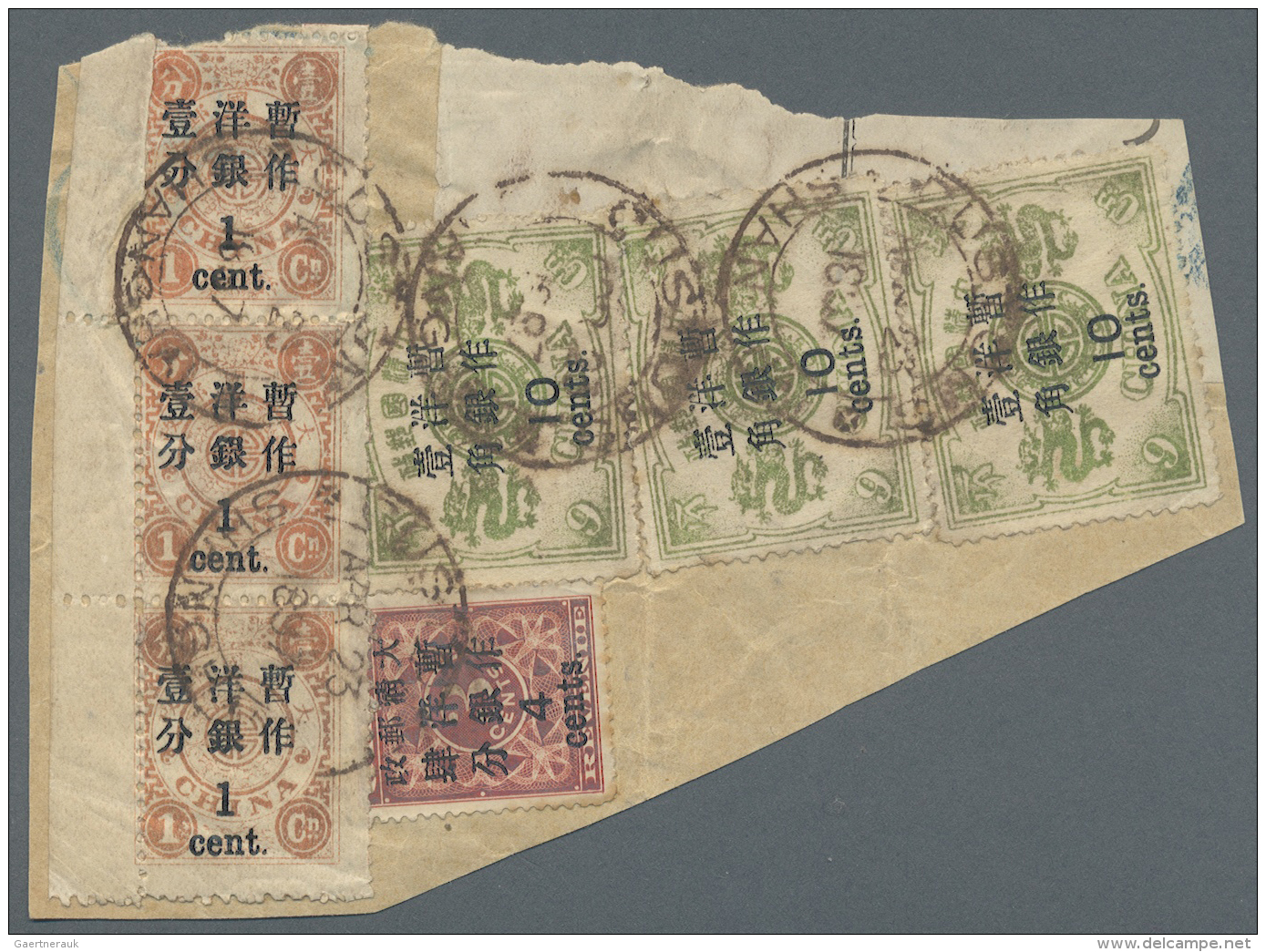 China: 1897, 4 C. On 3 C. Red Revenue And Empress Dowager 2nd Printing, 1 C. On 1 Cn. Red Orange, Vertical Strip Of 3 Wi - 1912-1949 Republiek