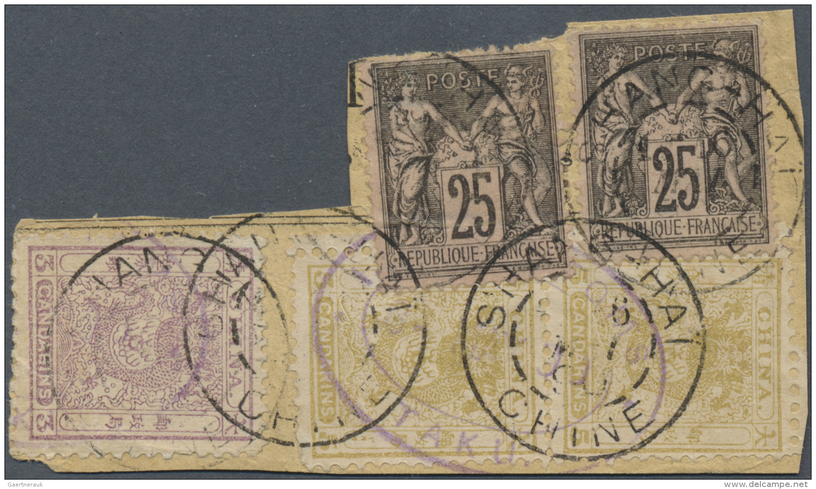 China: 1888, Small Dragon 3 Ca., 5 Ca. (pair) Tied Two Strikes Violet Oval "TAKU 8 - MAY 1890" In Combination W. France - 1912-1949 Republiek