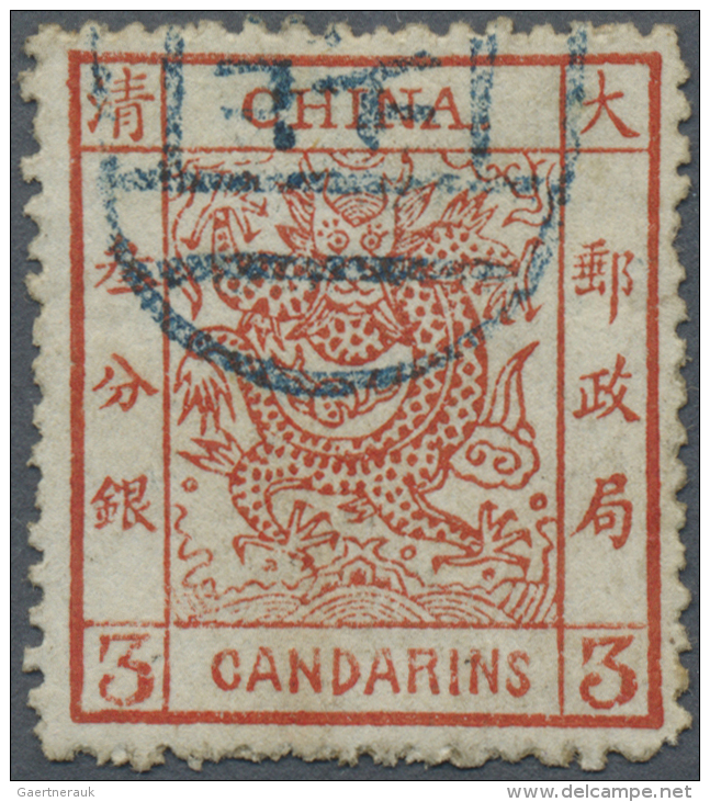 China: 1883, Large Dragon Thick Paper 3 Ca. Red Canc. Part Strike Blue Seal "Pe(king)" (Michel Cat. 350.-) - 1912-1949 Republiek