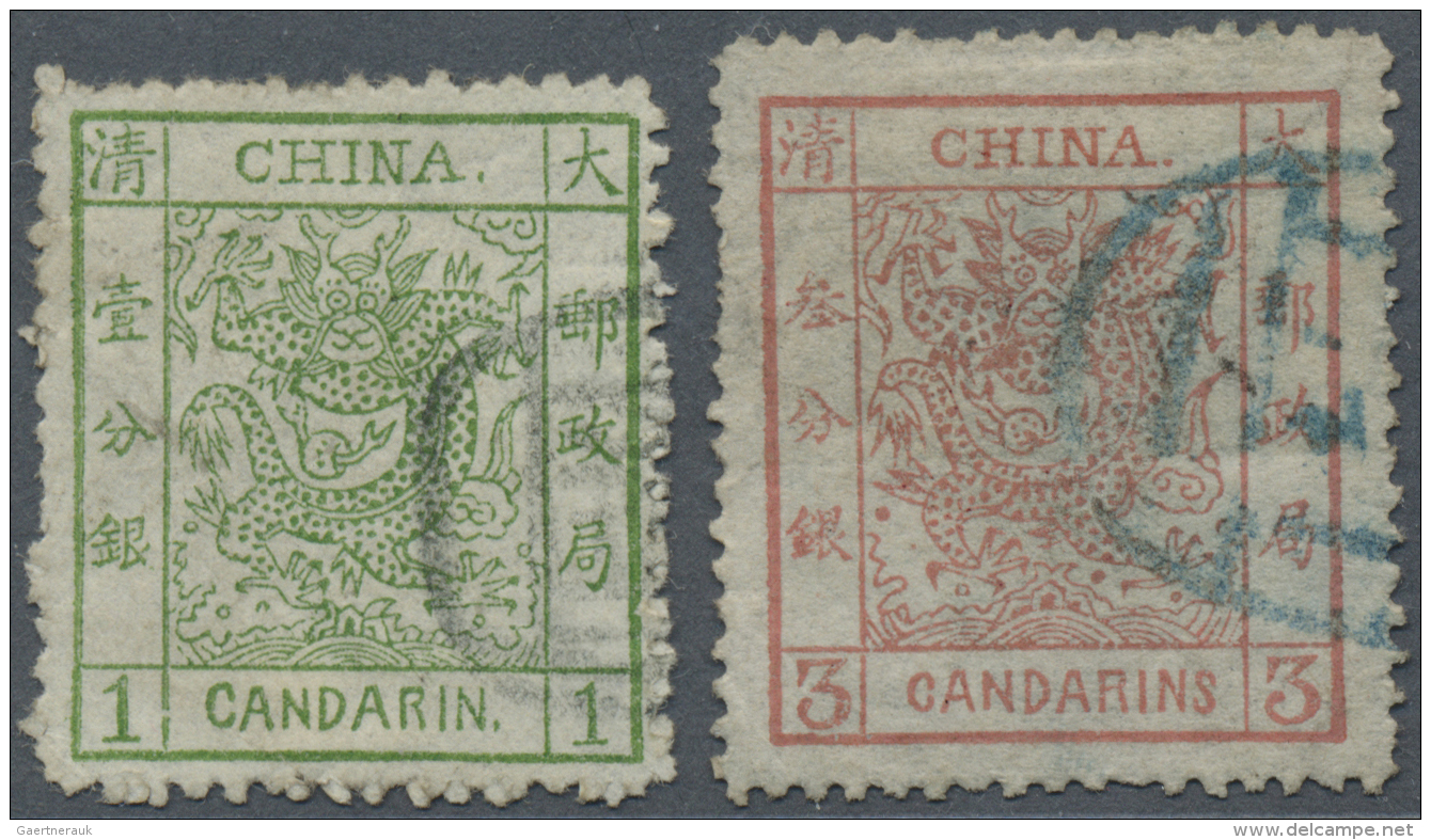 China: 1882, Large Dragon Large Margins 1 Ca., 3 Ca. Used Black Or Blue Seals, Slight Creases (Michel Cat. 640.-). - 1912-1949 Republiek
