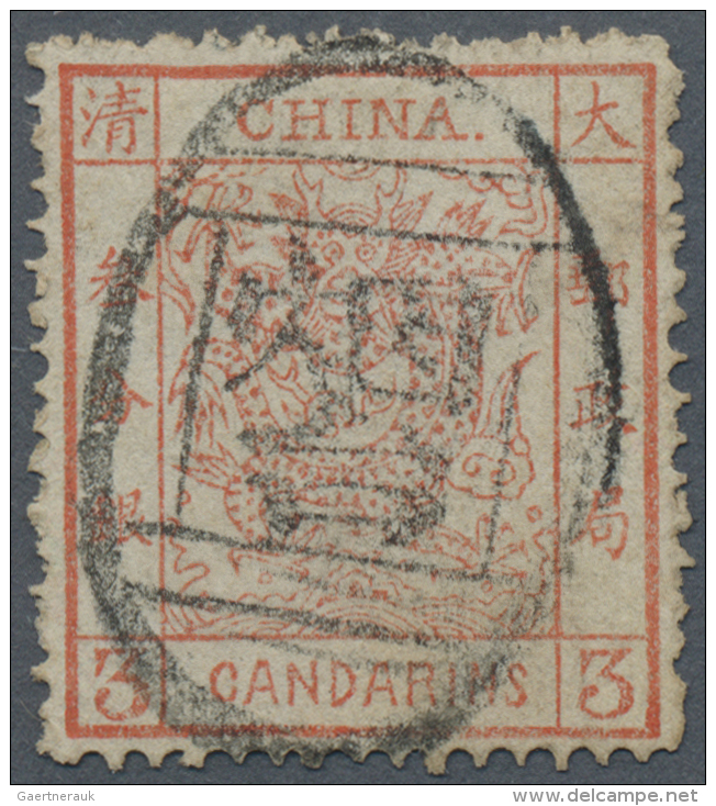 China: 1878, Large Dragon Thin Paper 3 Ca. Red Canc. Full Strike Large Seal "Yentai". - Andere & Zonder Classificatie
