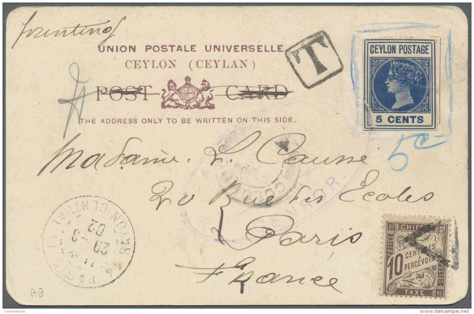 Ceylon / Sri Lanka: 1902: Postal Stationery Cut-out 5c. Blue Tried To Use On Picture Postcard From Ragamo Camp To France - Sri Lanka (Ceylon) (1948-...)