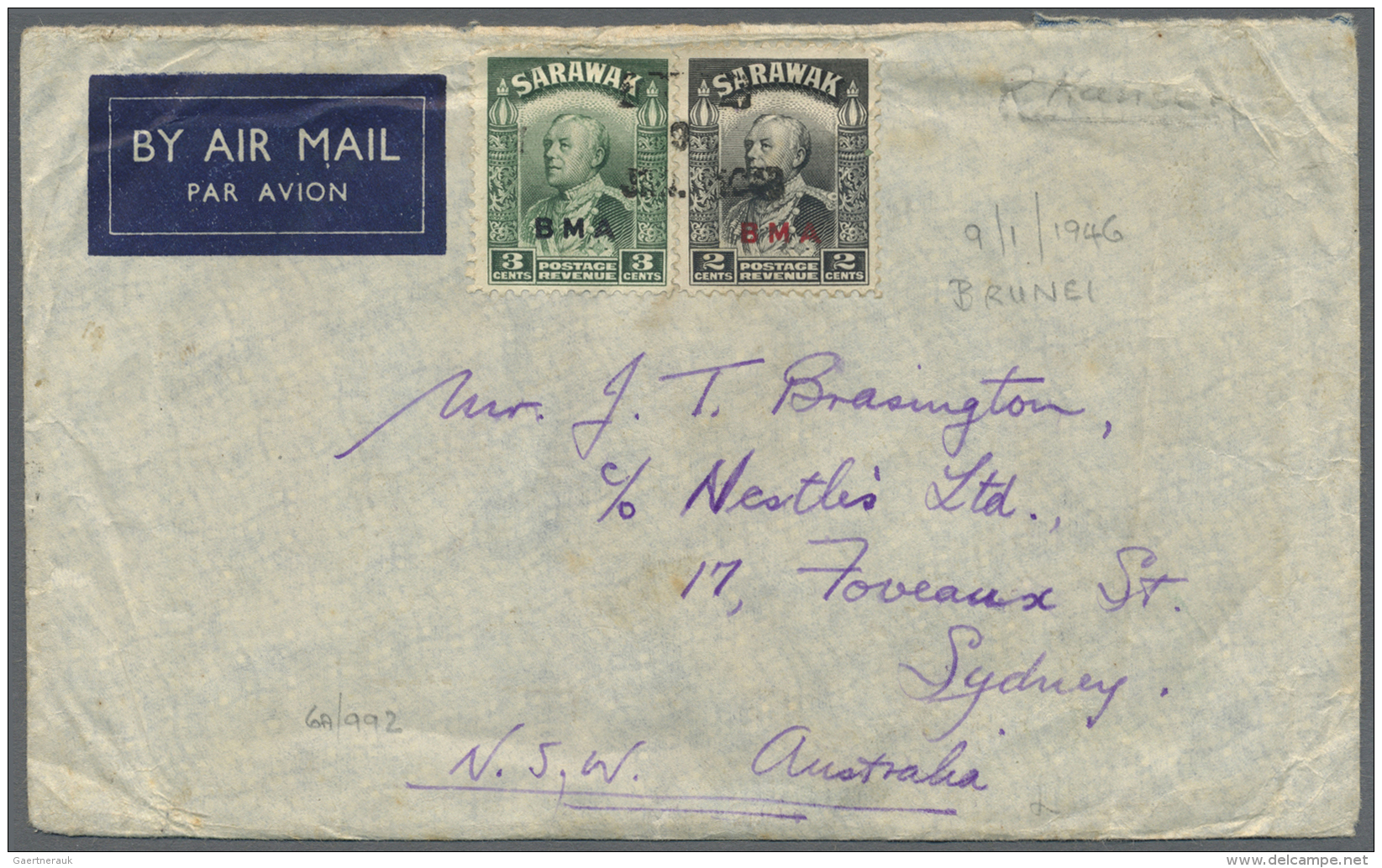 Brunei: 1946, Sarawak Ovpt. BMA 2 C. (4), 3 C., 4 C. (block-6), 10 C. (pair) Tied Three-line "BRUNEI / 9 / JAN 1946" To - Brunei (1984-...)