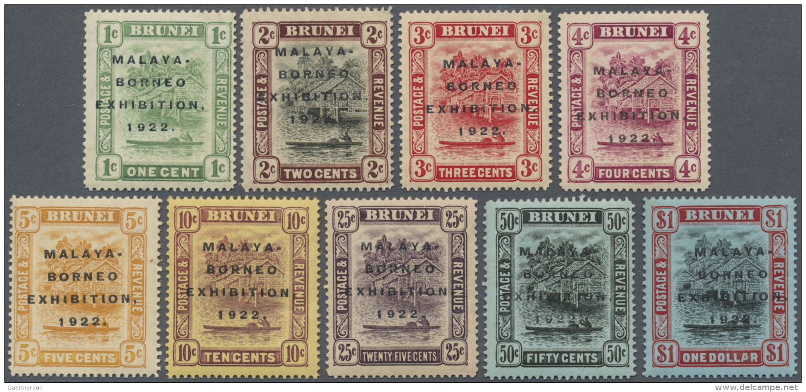 Brunei: 1922, Huts And Canoe With Opt. 'MALAYA-BORNEO EXHIBITION 1922' Complete Set, Mint Hinged With Some Toned (tropic - Brunei (1984-...)