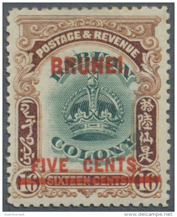 Brunei: 1906, 5c. On 16c. Green And Brown Showing Variety "line Through B", Bright Colours, Well Perforated, Natural Gum - Brunei (1984-...)