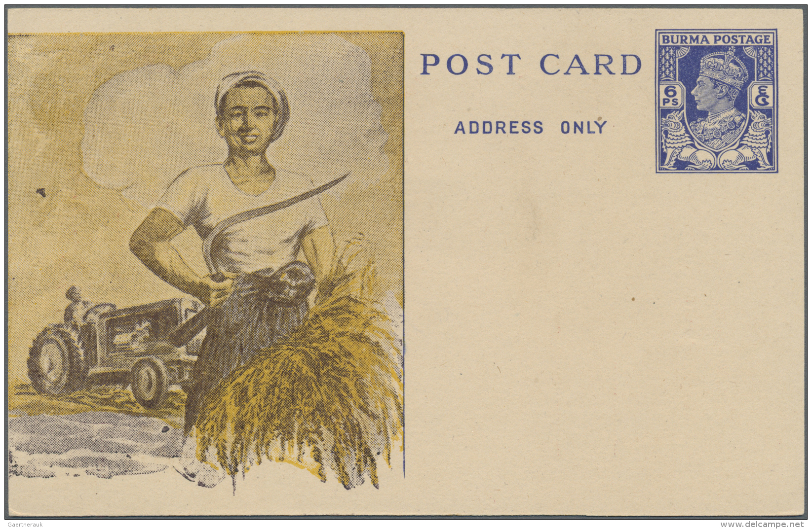 Birma / Burma / Myanmar: 1938 Pre-printed Postal Stationery Card 6p. Blue Showing A Harvest Scene On Front's Left And Na - Myanmar (Birma 1948-...)