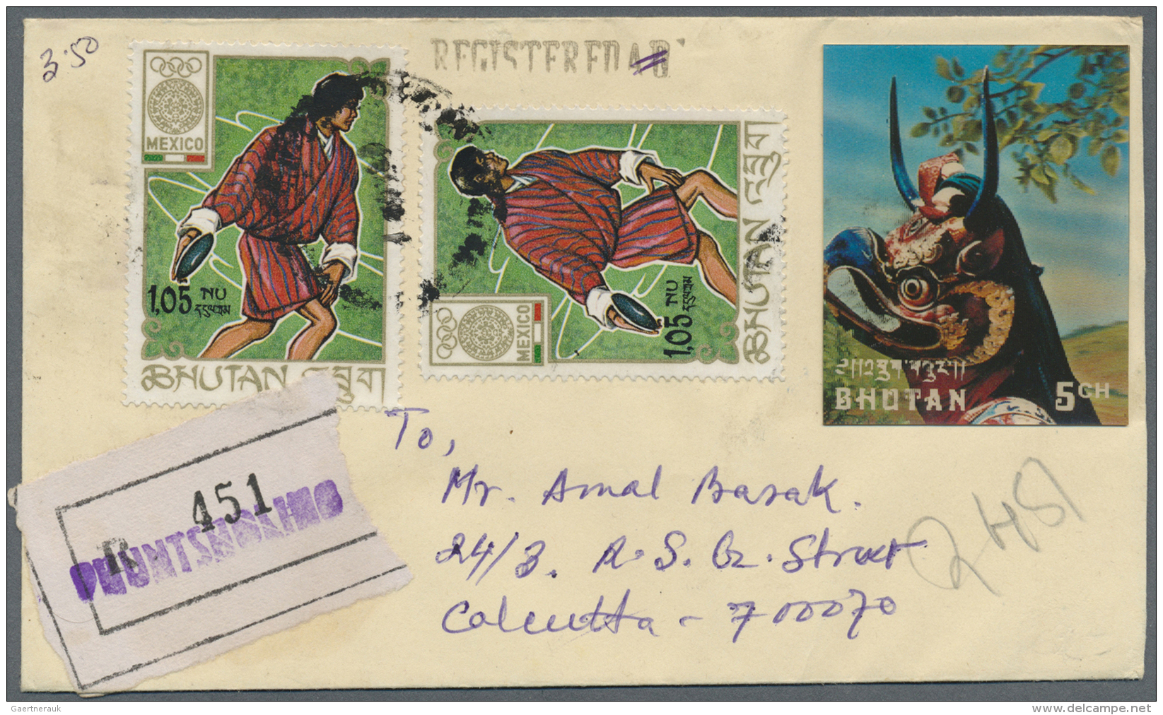 Bhutan: 1964/68, 11 Dif. Stamps With One 3D Stamp On 2 Registered Covers From "CAMP PHUNSHOLING" Sent To Calcutta, Reg. - Bhutan