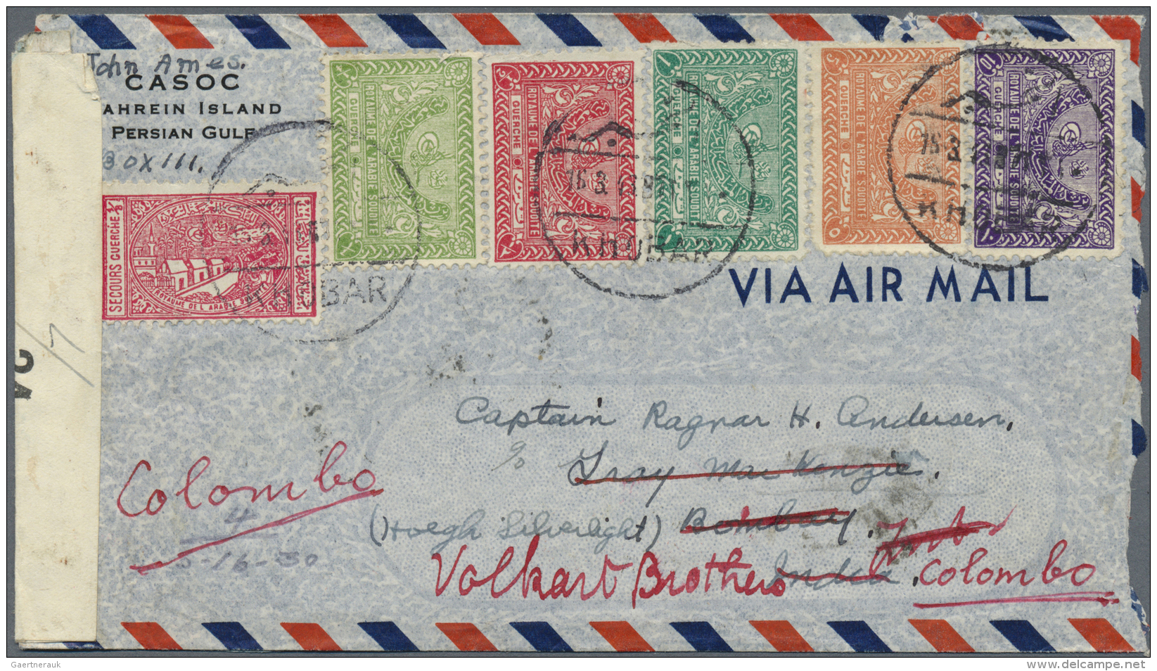 Bahrain: 1943, Saudia-Arabia Five Colour Franking Of 16 3/4 G. Tied "KOBAR 16.3.43" To Air Mail Cover India And Fwd. To - Bahrein (1965-...)