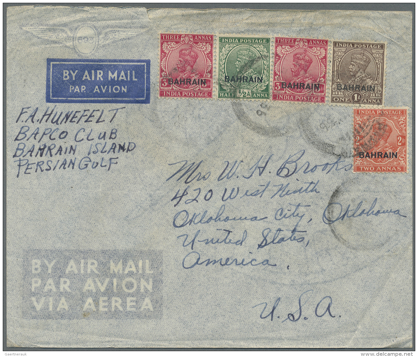 Bahrain: 1936, 1/2 A., 1 A., 2 As., 3 As. (2) Tied "BAHRAIN AIR 30 MY 36" To Air Mail Cover To Oklahoma City/USA, "PARIS - Bahrein (1965-...)