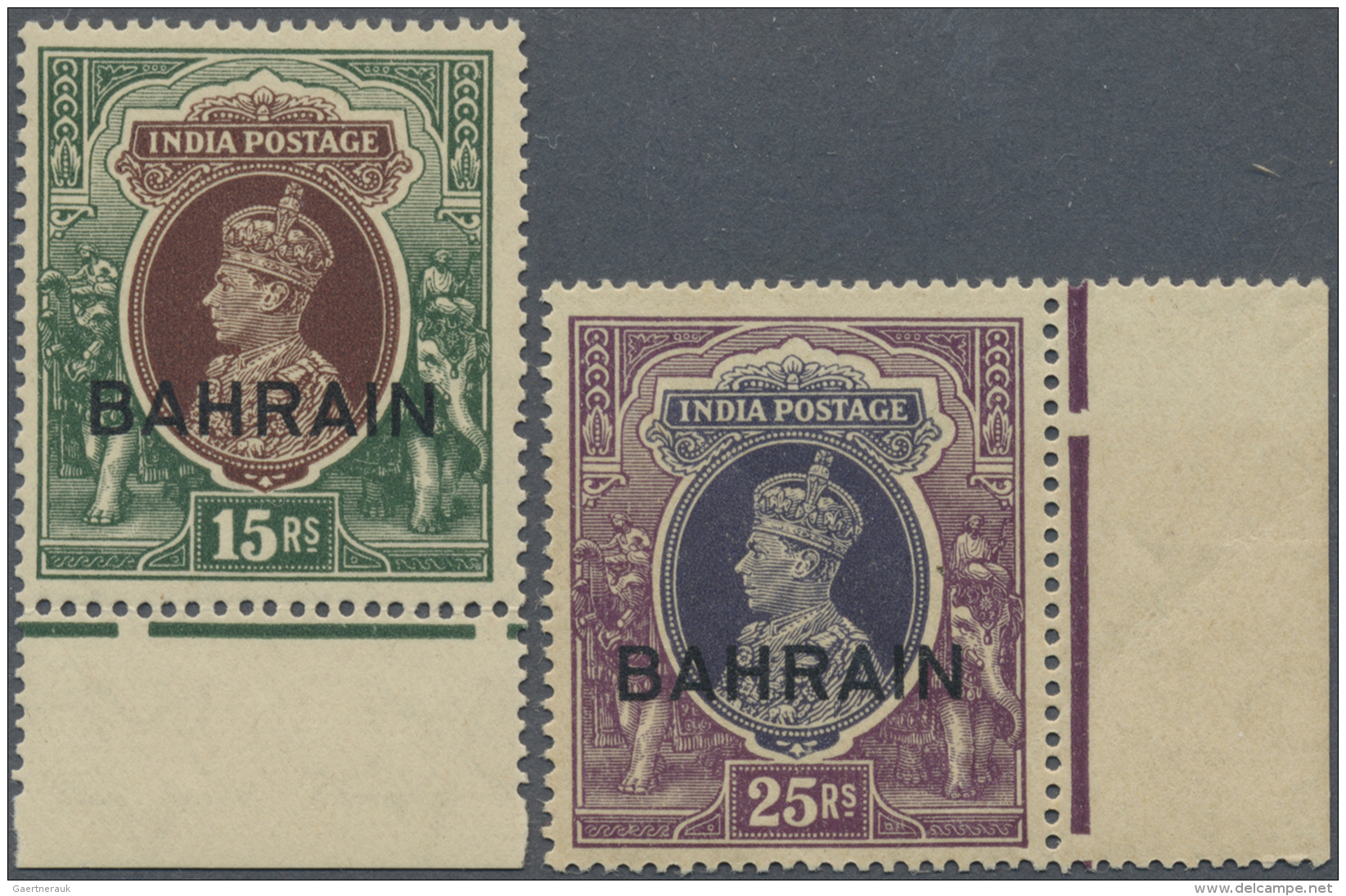 Bahrain: 1938-41 KGVI. 15r. (Wmk Inverted) And 25r. Marginal Singles, Mint Never Hinged, Very Lightly Toned, Fine And At - Bahrein (1965-...)