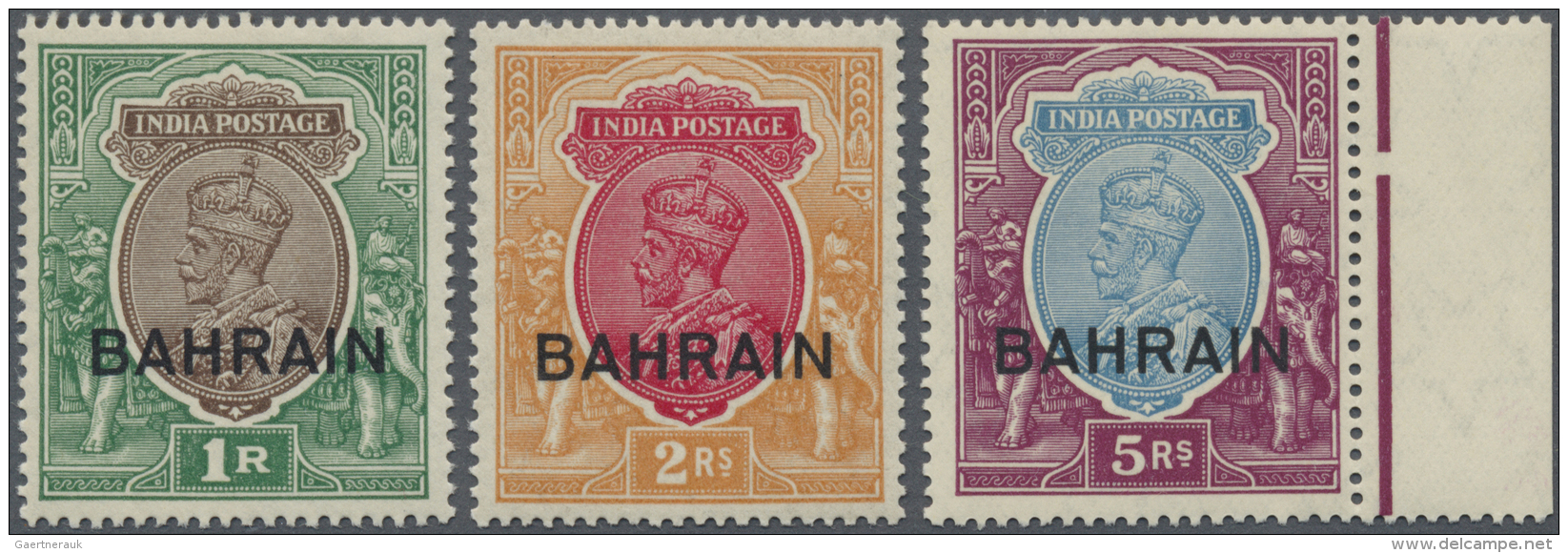 Bahrain: 1933, India KGV 1r. Chocolate/green, 2r. Carmine/orange And 5r. Ultramarine/purple (right Margin, Inverted Wmk. - Bahrein (1965-...)