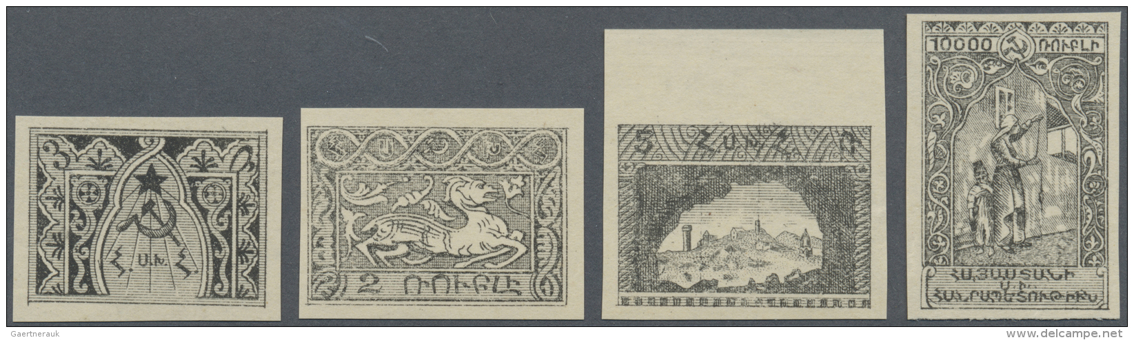 Armenien: 1921, 2 R, 3 R, 5 R And 10.000 R, Four Imperforated Black Proofs, Issued Without Gum, Rare! - Armenië